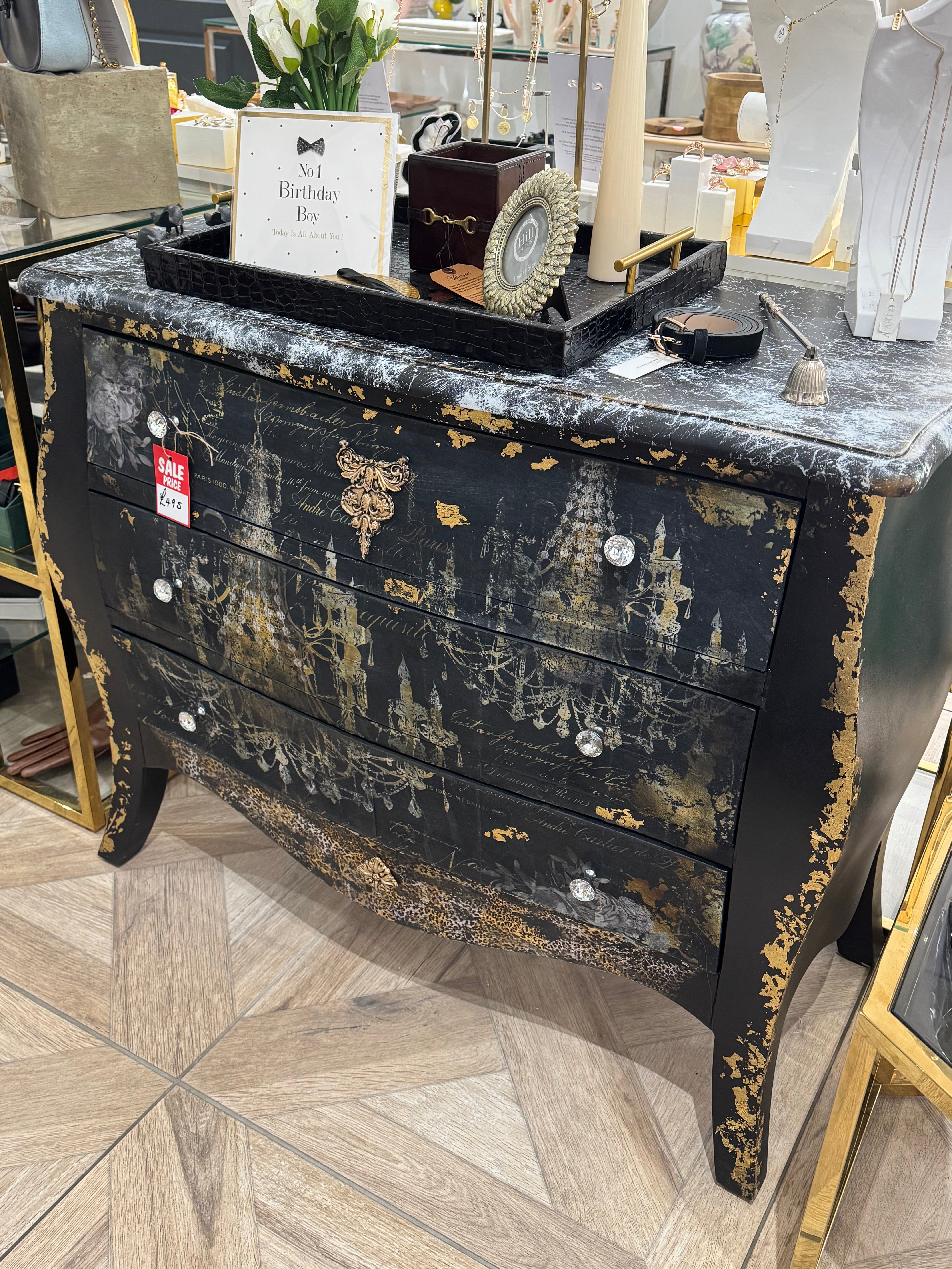 Beautility Mid-Century Sideboard with Black Fabric, Gold Accents & Chandelier Decoupage