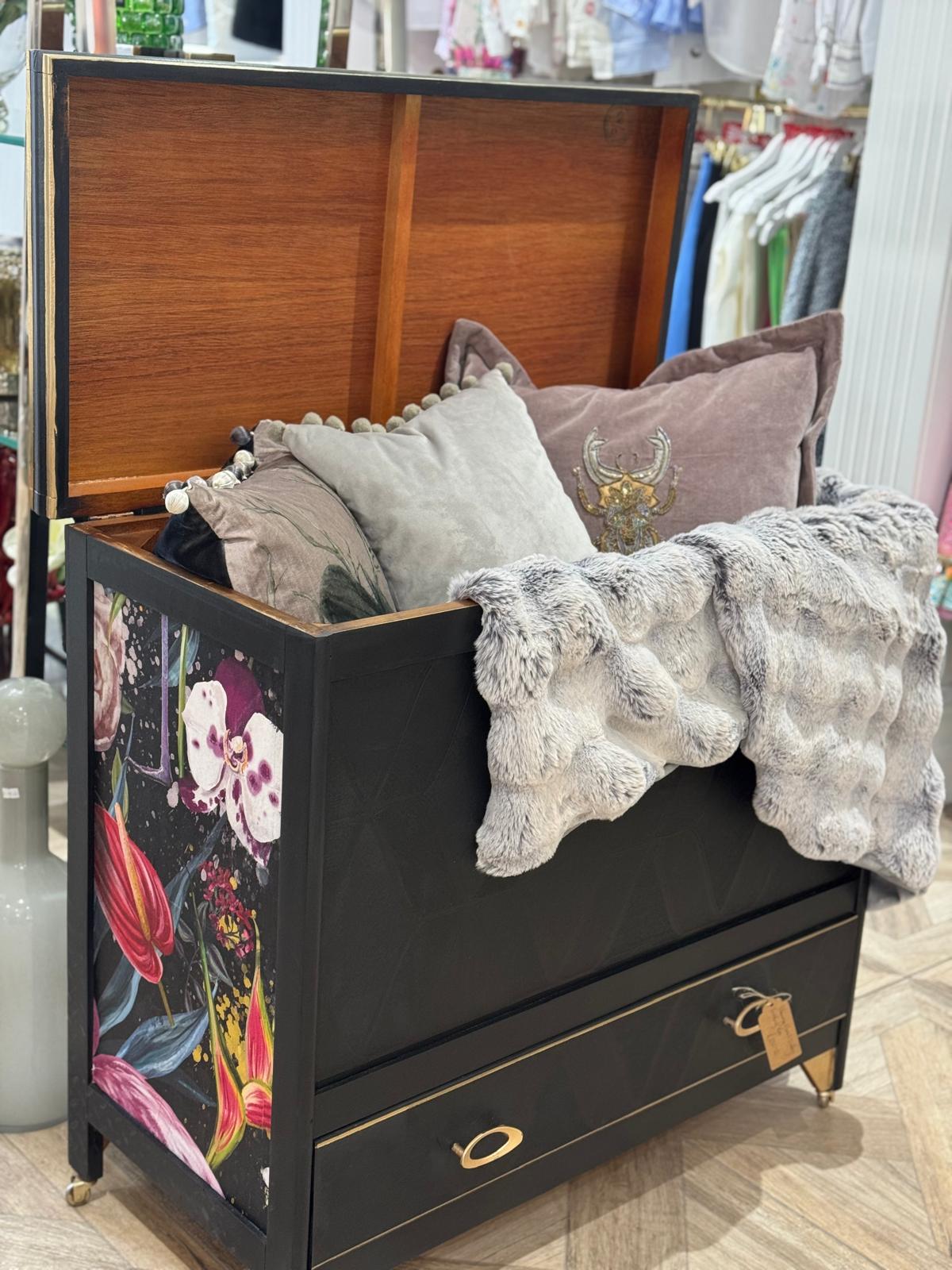 Upcycled Black Vintage Bedding Box on Castors with Floral & Flamingo Decoupage