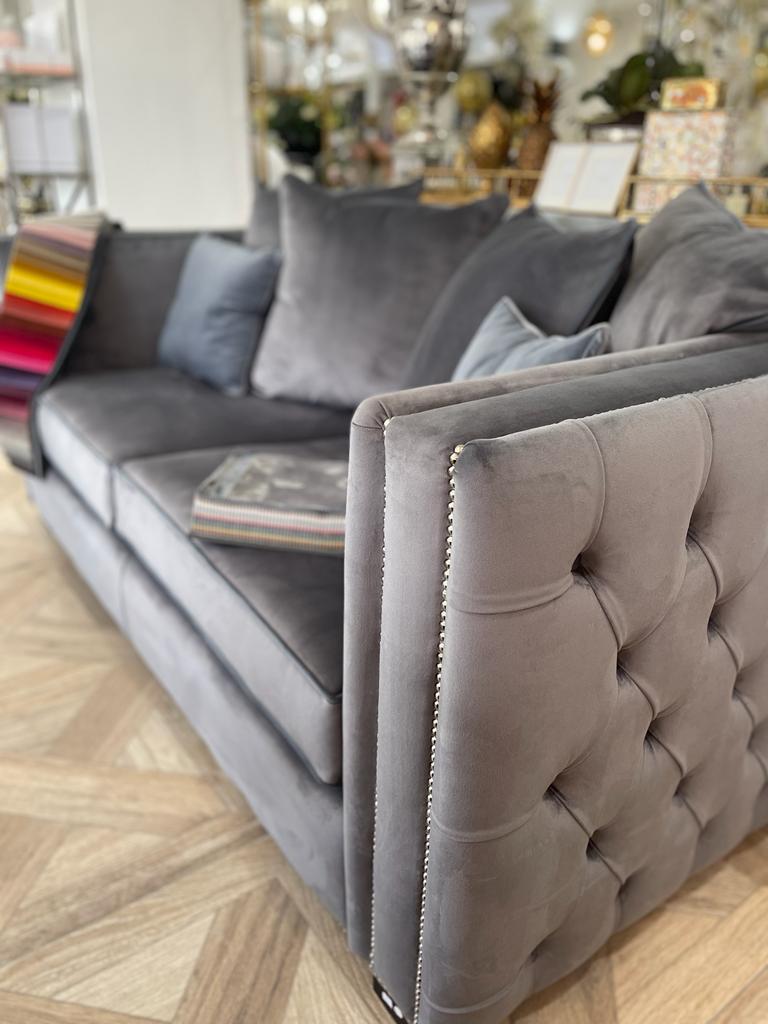 EX DISPLAY | Three Piece Luxury Grey Velvet Buttoned Two Seater Sofa with Two Chairs