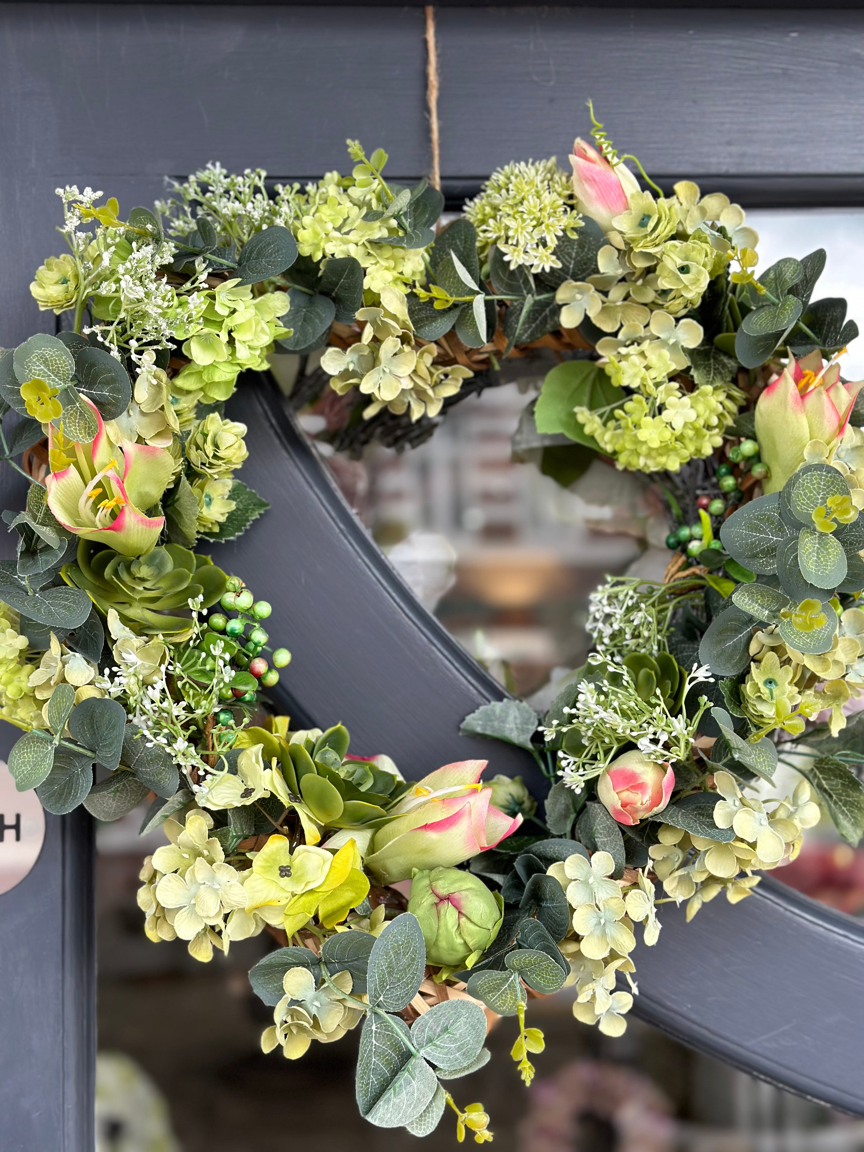 Faux Hydrangea, Eucalyptus and Foliage Heart Wreath