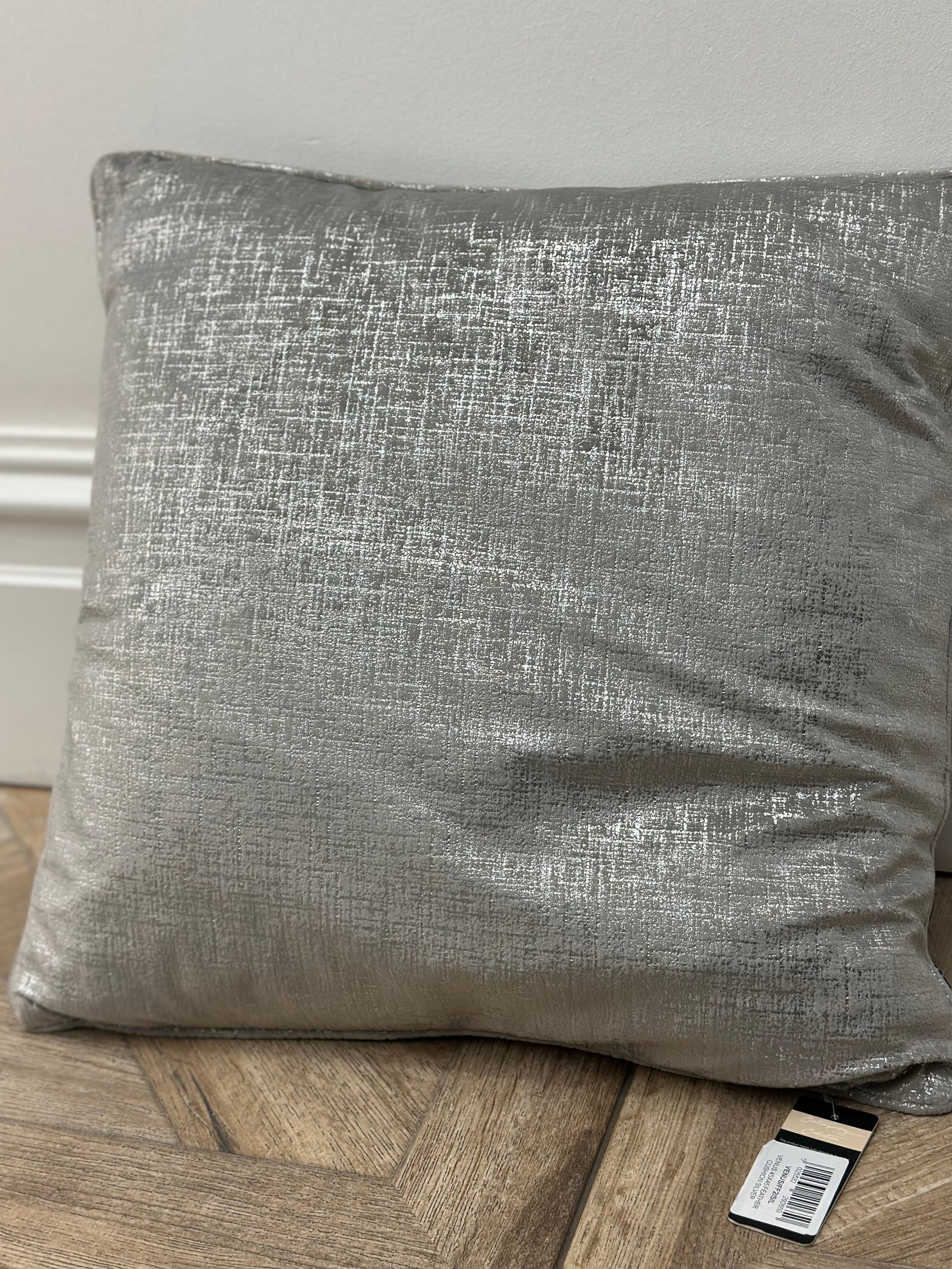 Metallic Silver Feather Cushion