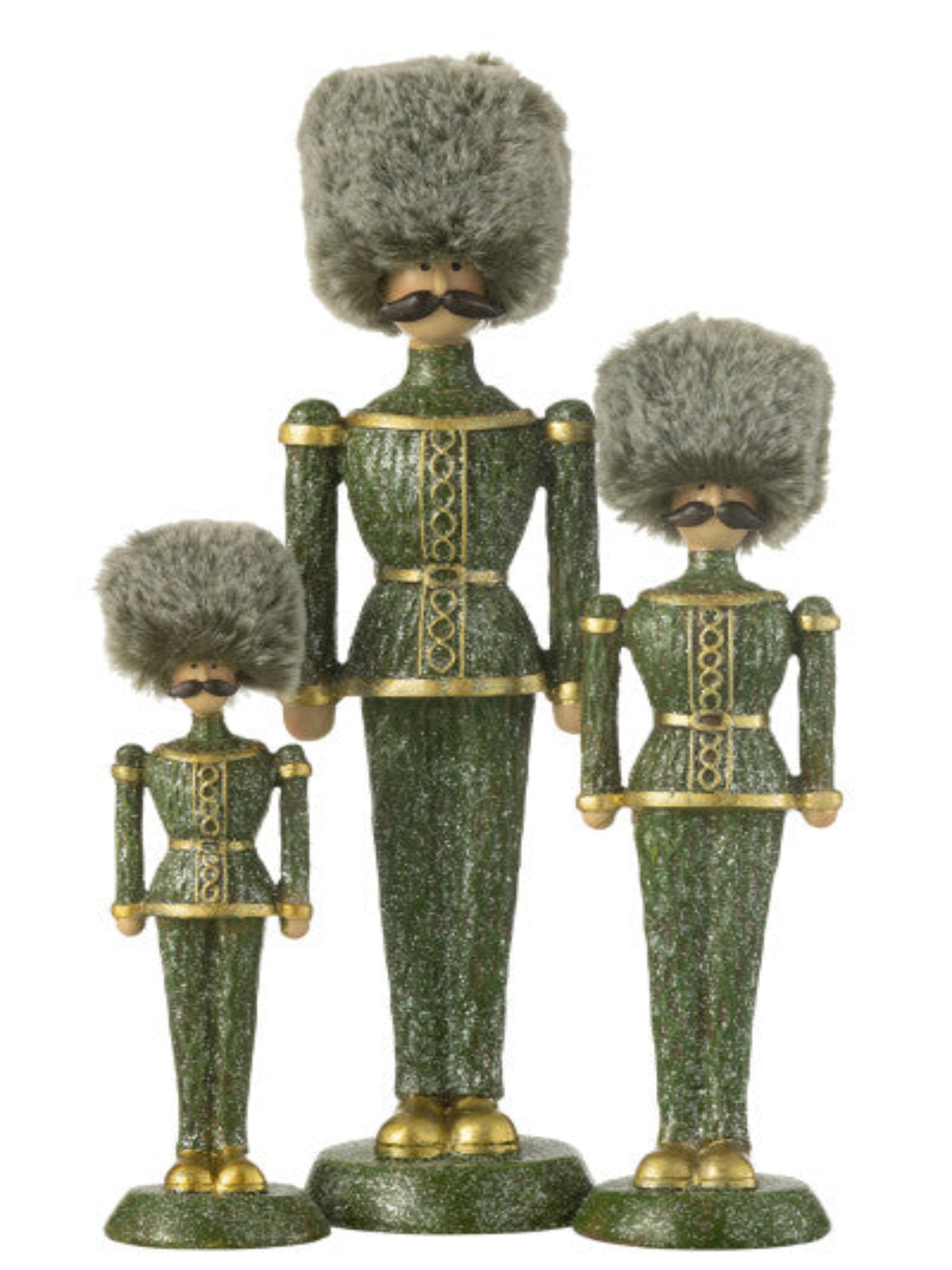 green nutrackers with fur hat and flitter body