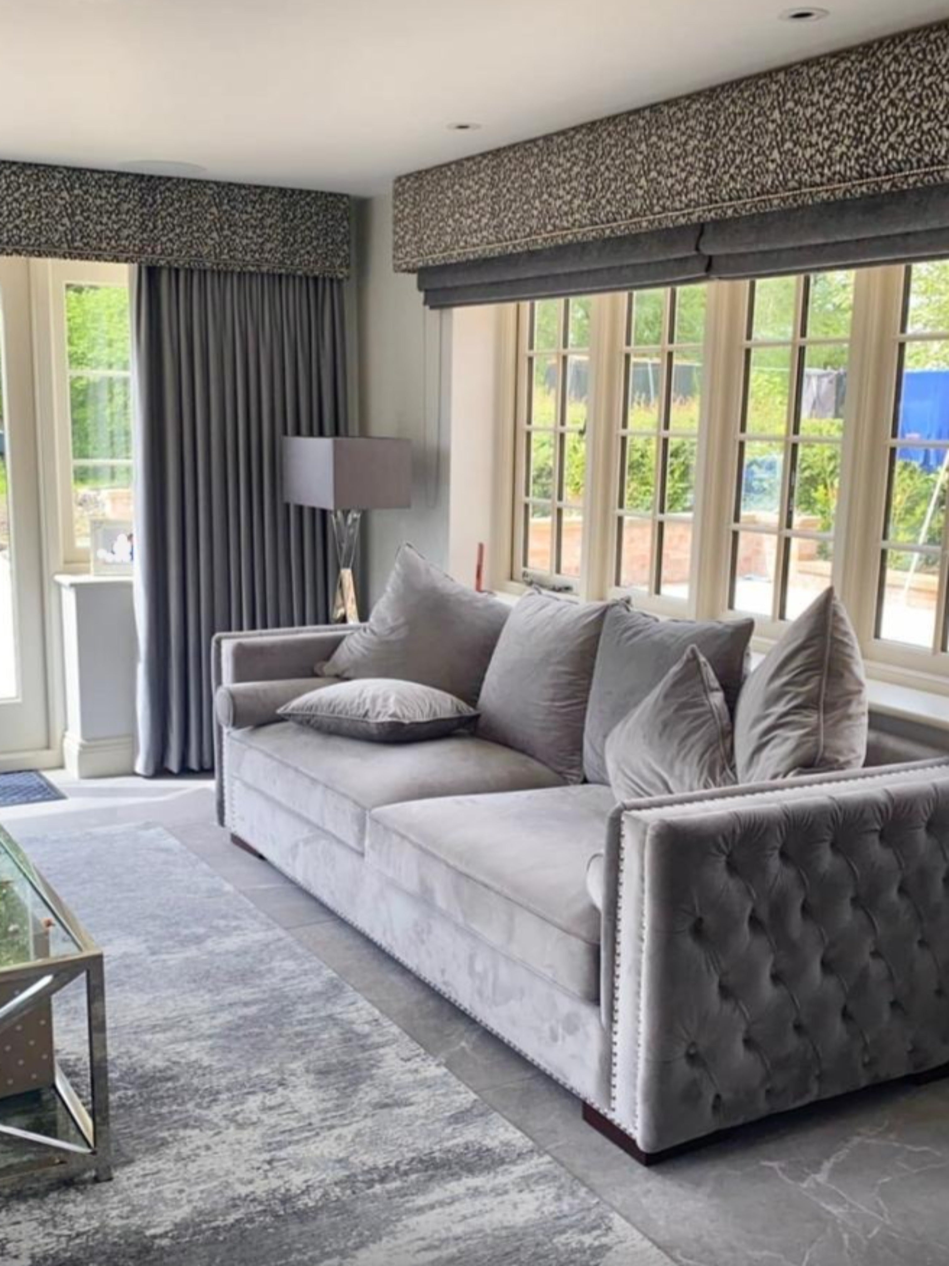 Luxury grey velvet buttoned two seater sofa