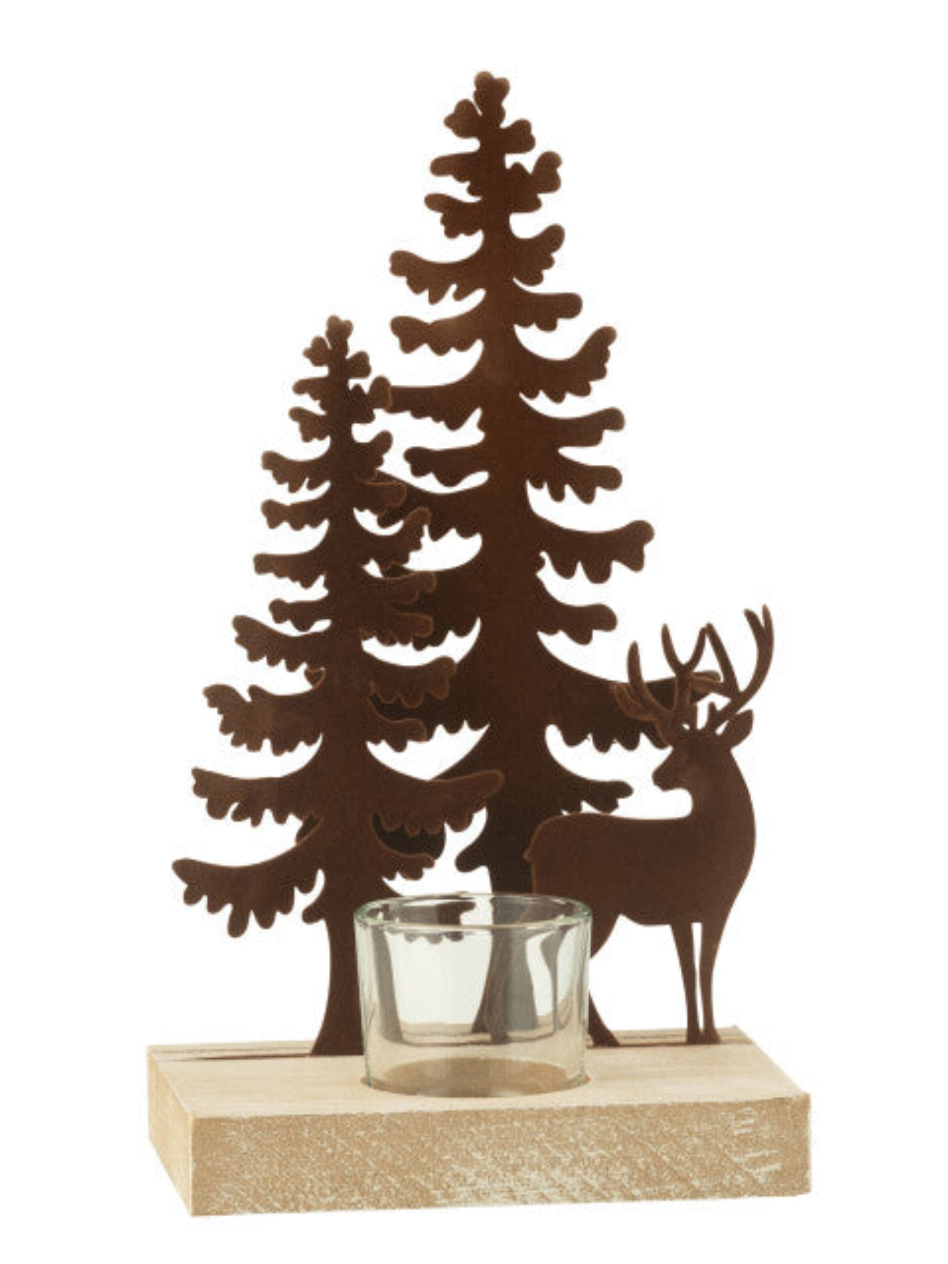 Illuminate your holiday season with our Reindeer Woodland Tealight Holder. Made with intricate wood and iron work, this holder features stunning silhouettes of a reindeer and Christmas trees. Bring a touch of elegance and warmth to your home with this exclusive piece.