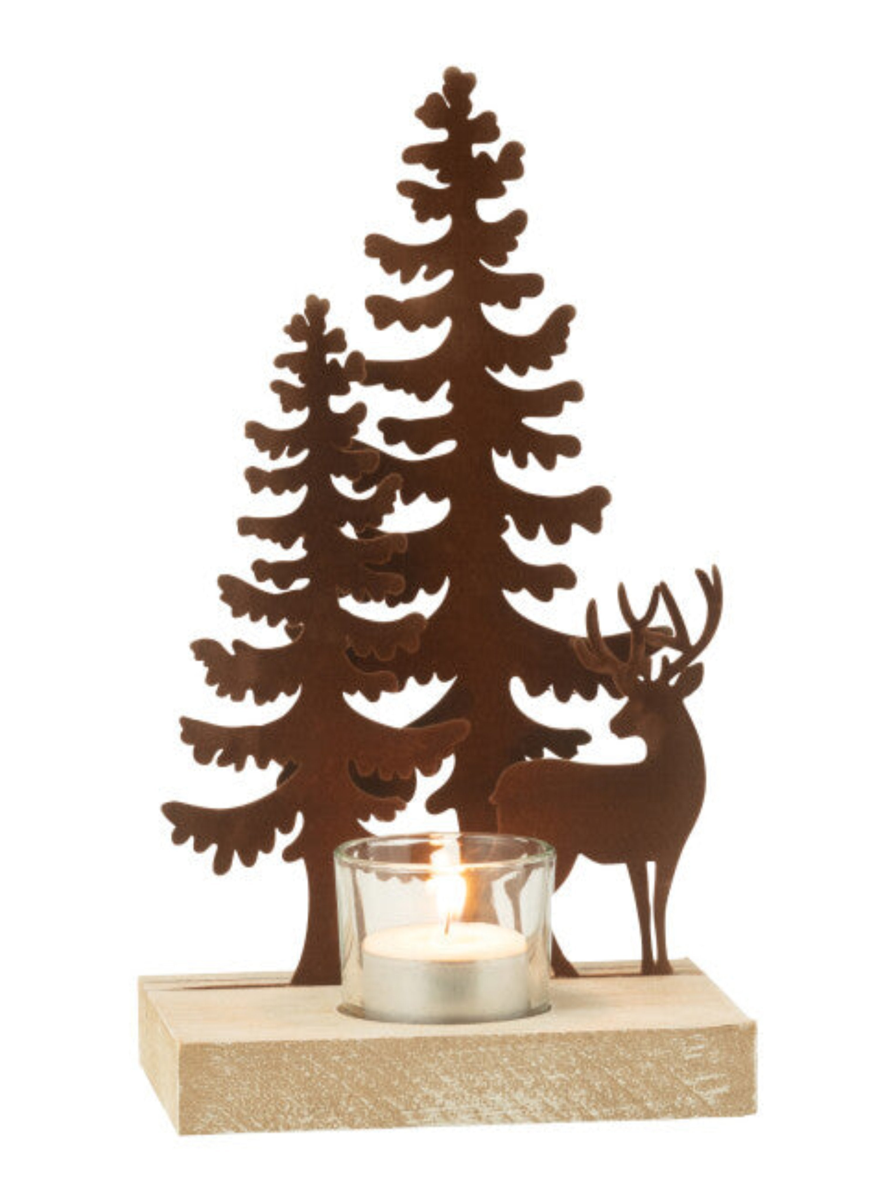 Illuminate your holiday season with our Reindeer Woodland Tealight Holder. Made with intricate wood and iron work, this holder features stunning silhouettes of a reindeer and Christmas trees. Bring a touch of elegance and warmth to your home with this exclusive piece.