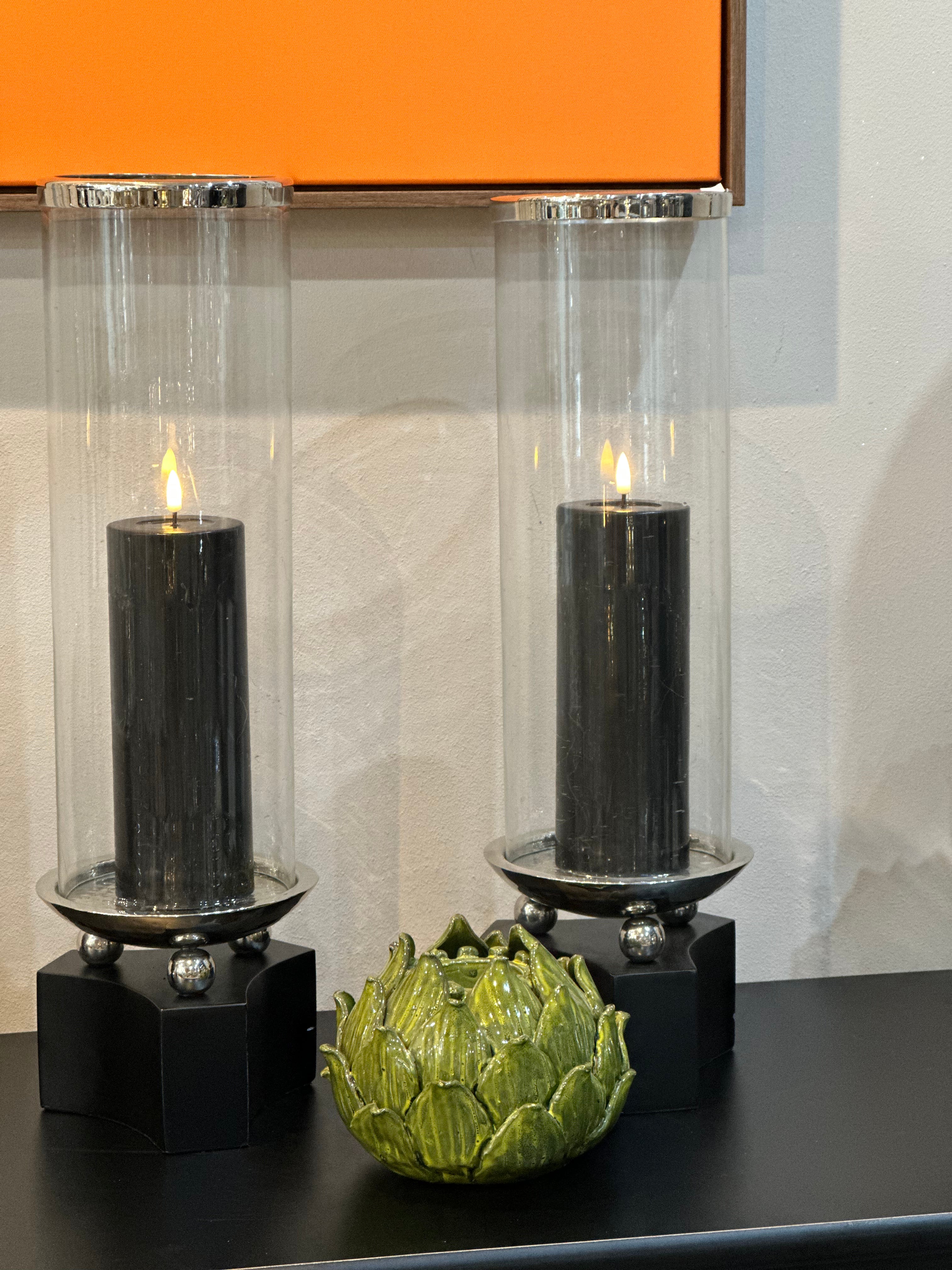 Glass Candle Pillar on Wooden Base