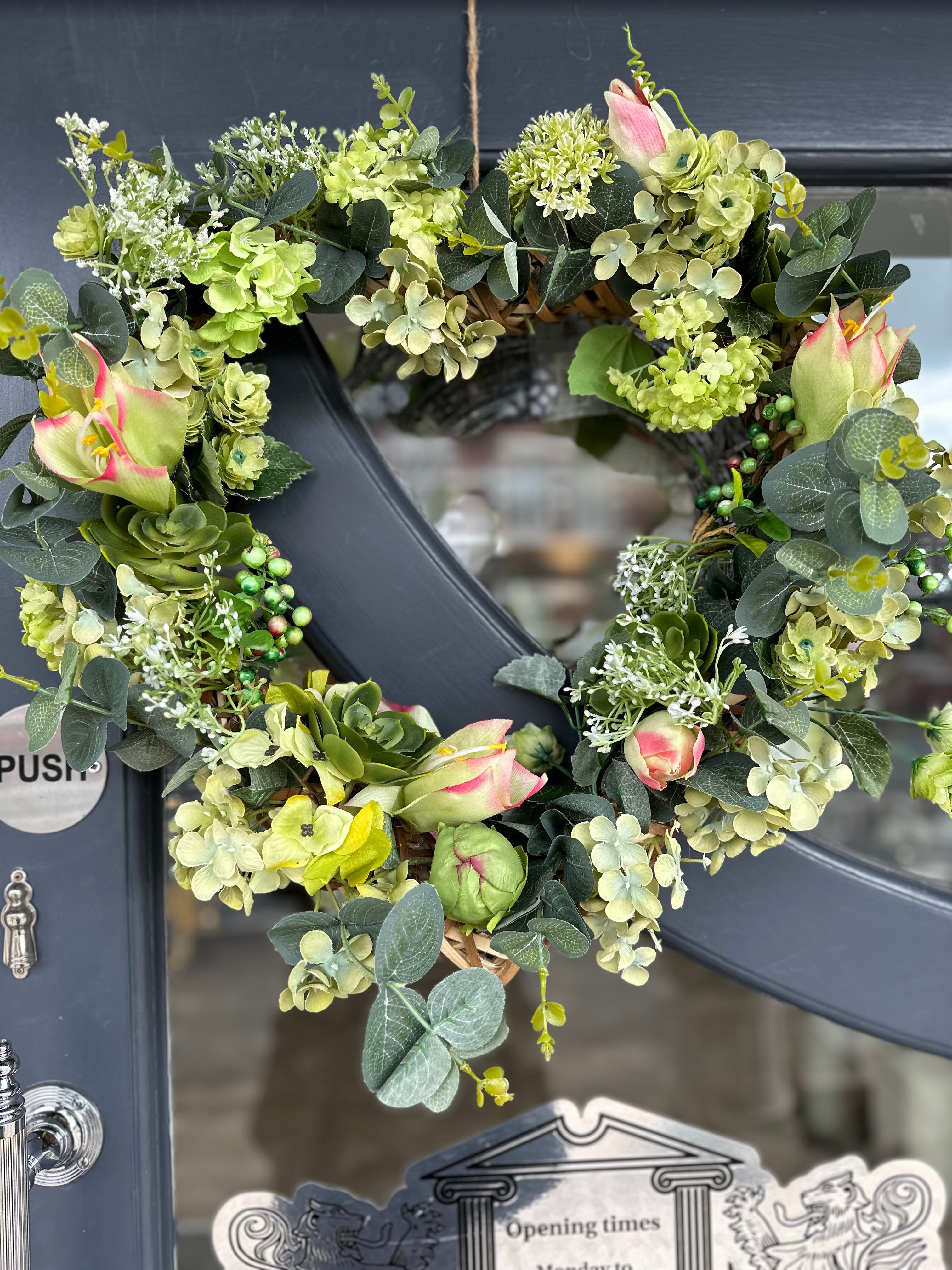 Faux Hydrangea, Eucalyptus and Foliage Heart Wreath