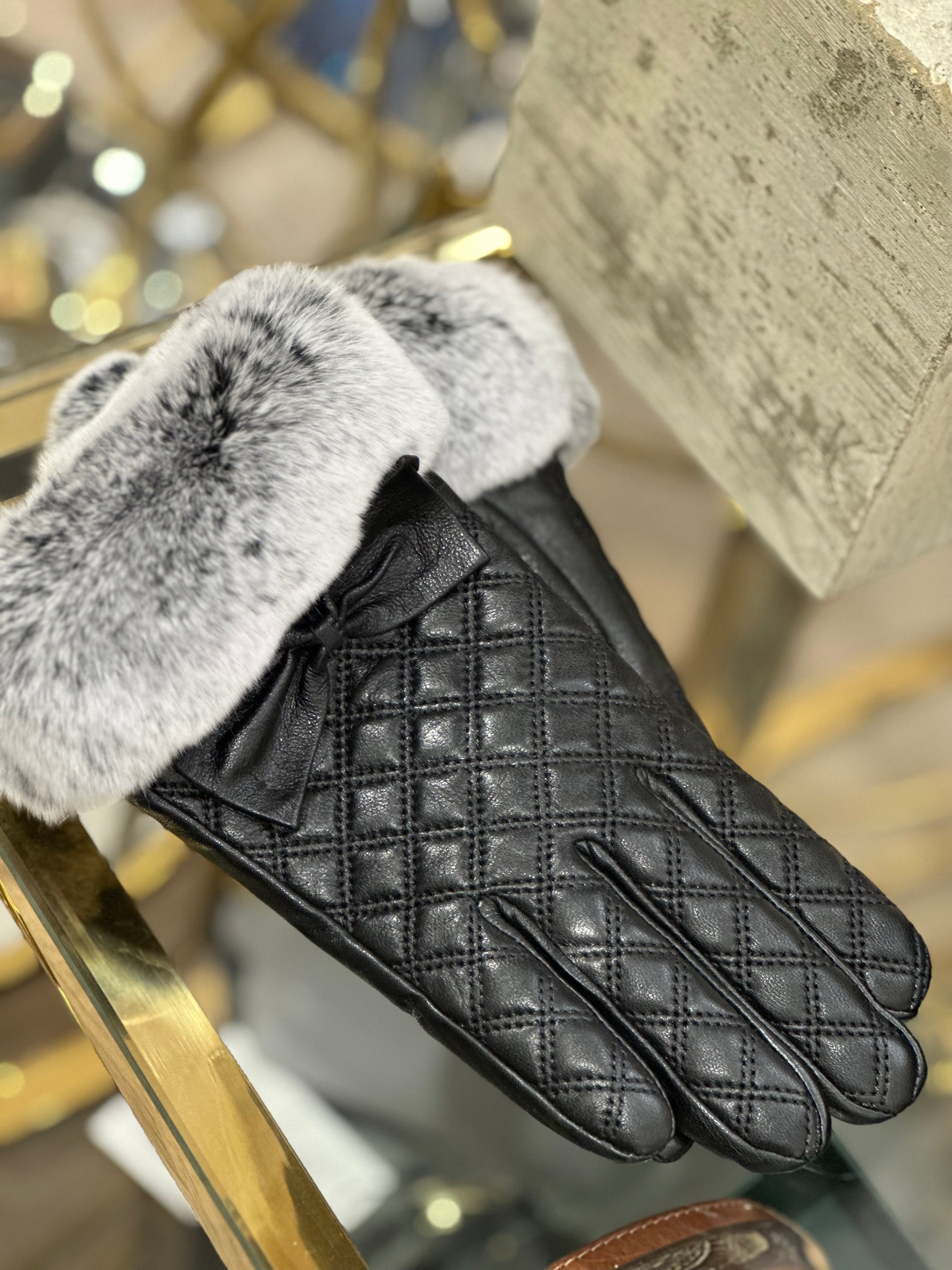 Black Leather Quilted Gloves with Fur Cuff