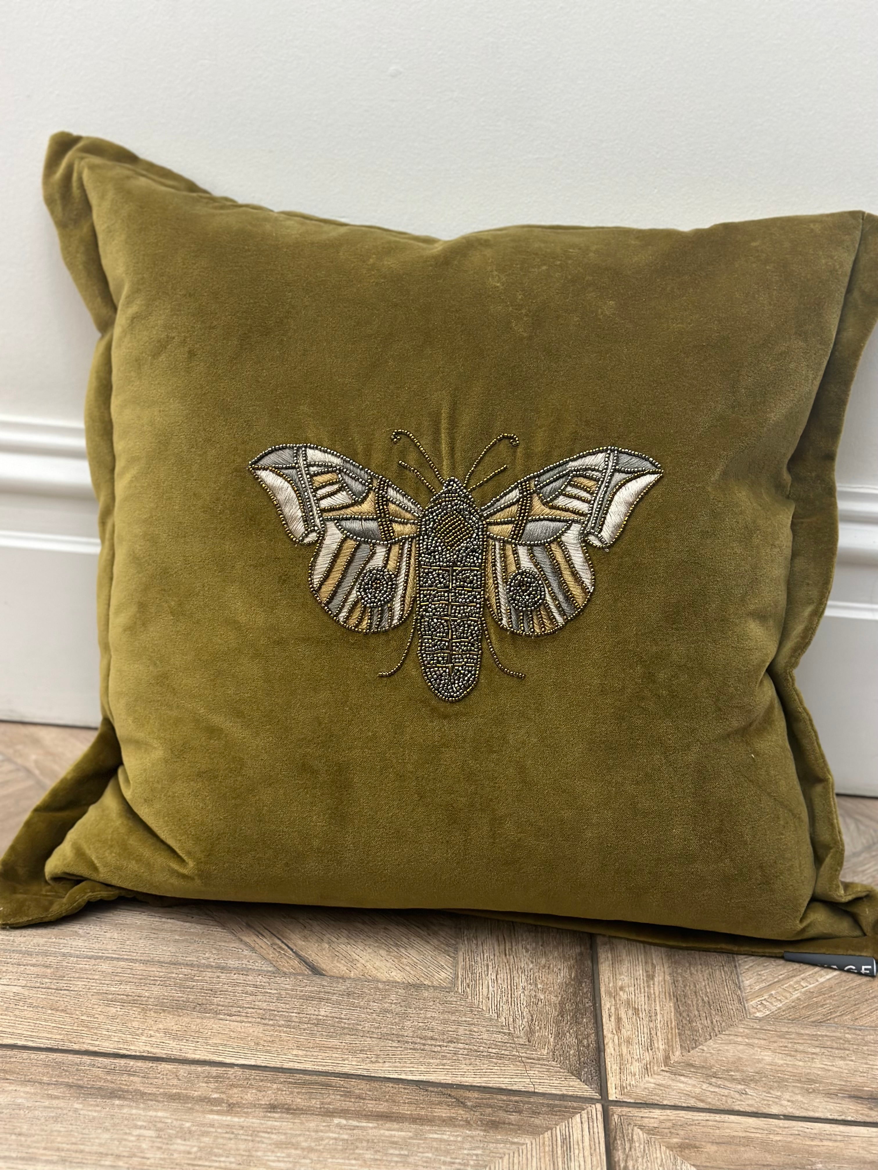 Voyage Maison Grass Green Velvet Cushion with Beaded Embroidered Moth Design