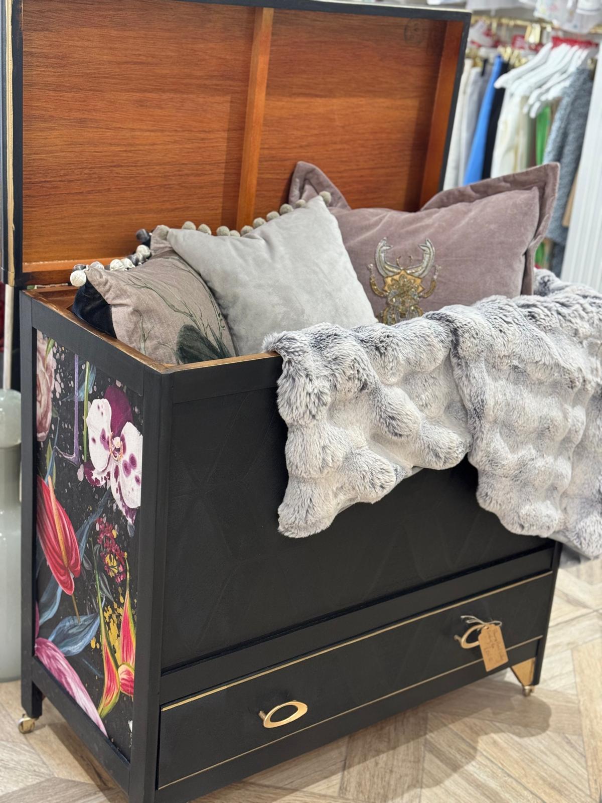 Upcycled Black Vintage Bedding Box on Castors with Floral & Flamingo Decoupage