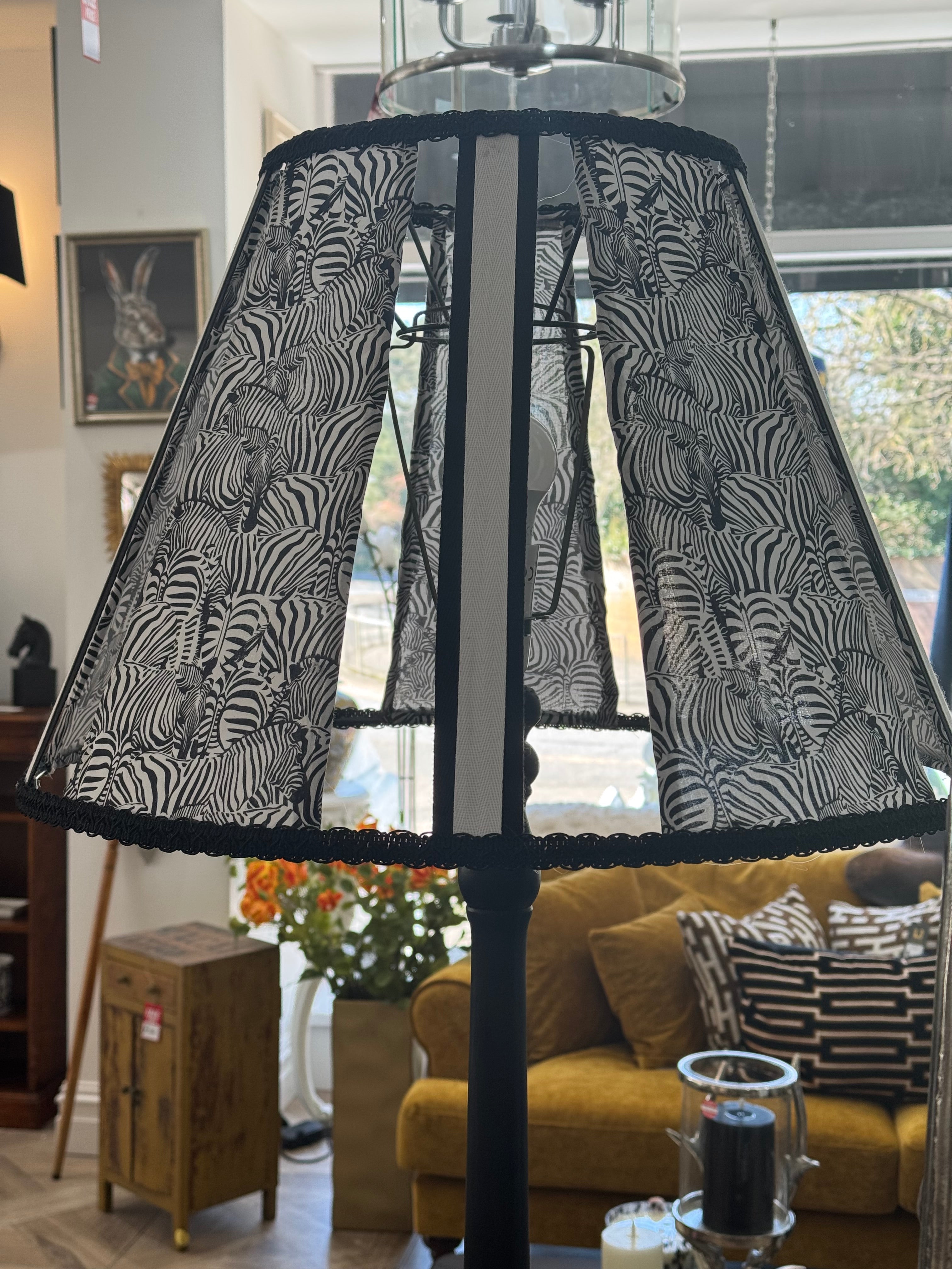 Black Floor Lamp with Zebra Shade