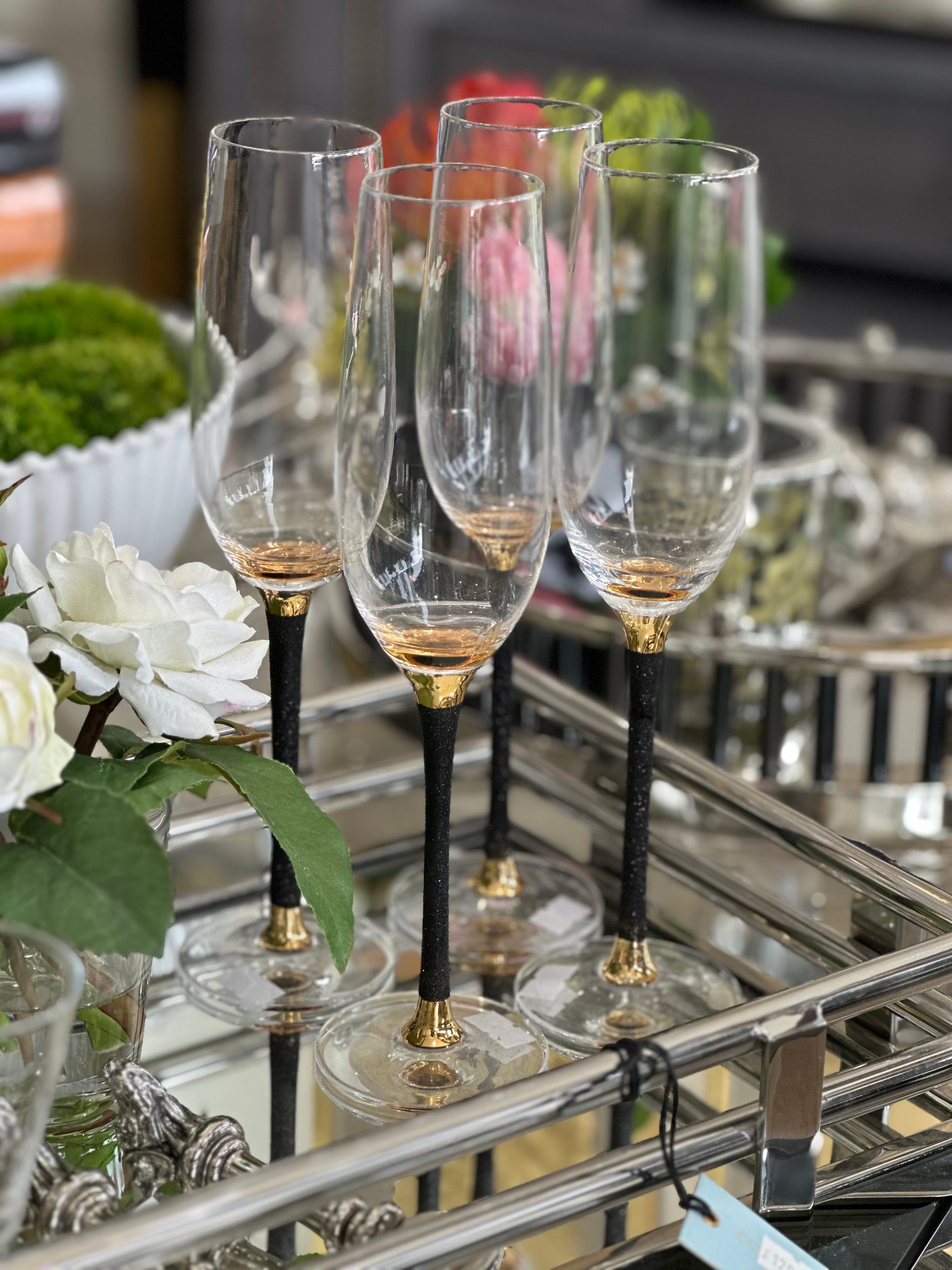 black glitter stem champagne flute