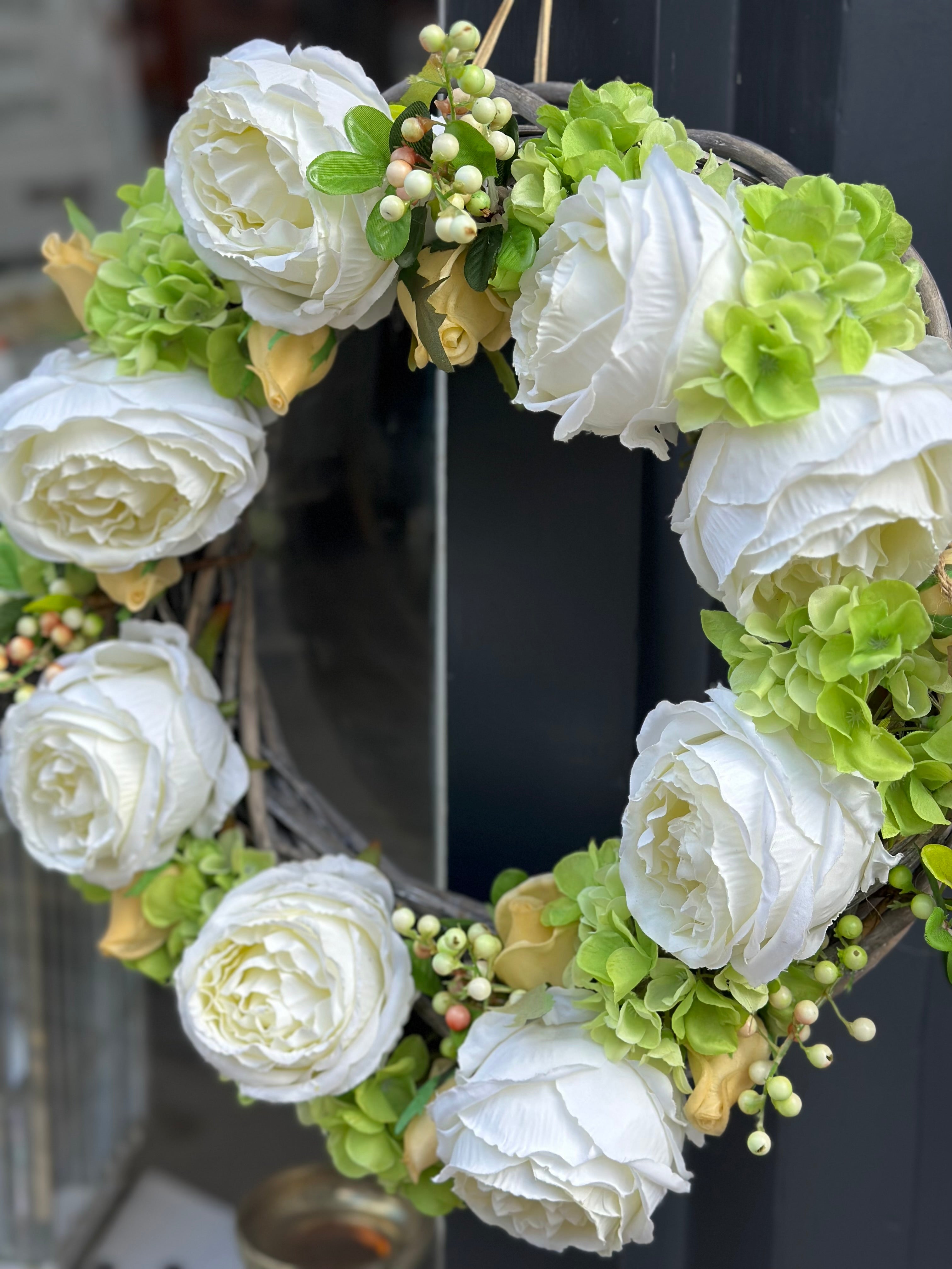 Faux Rose, Snow Berry and Hydrangea Wreath
