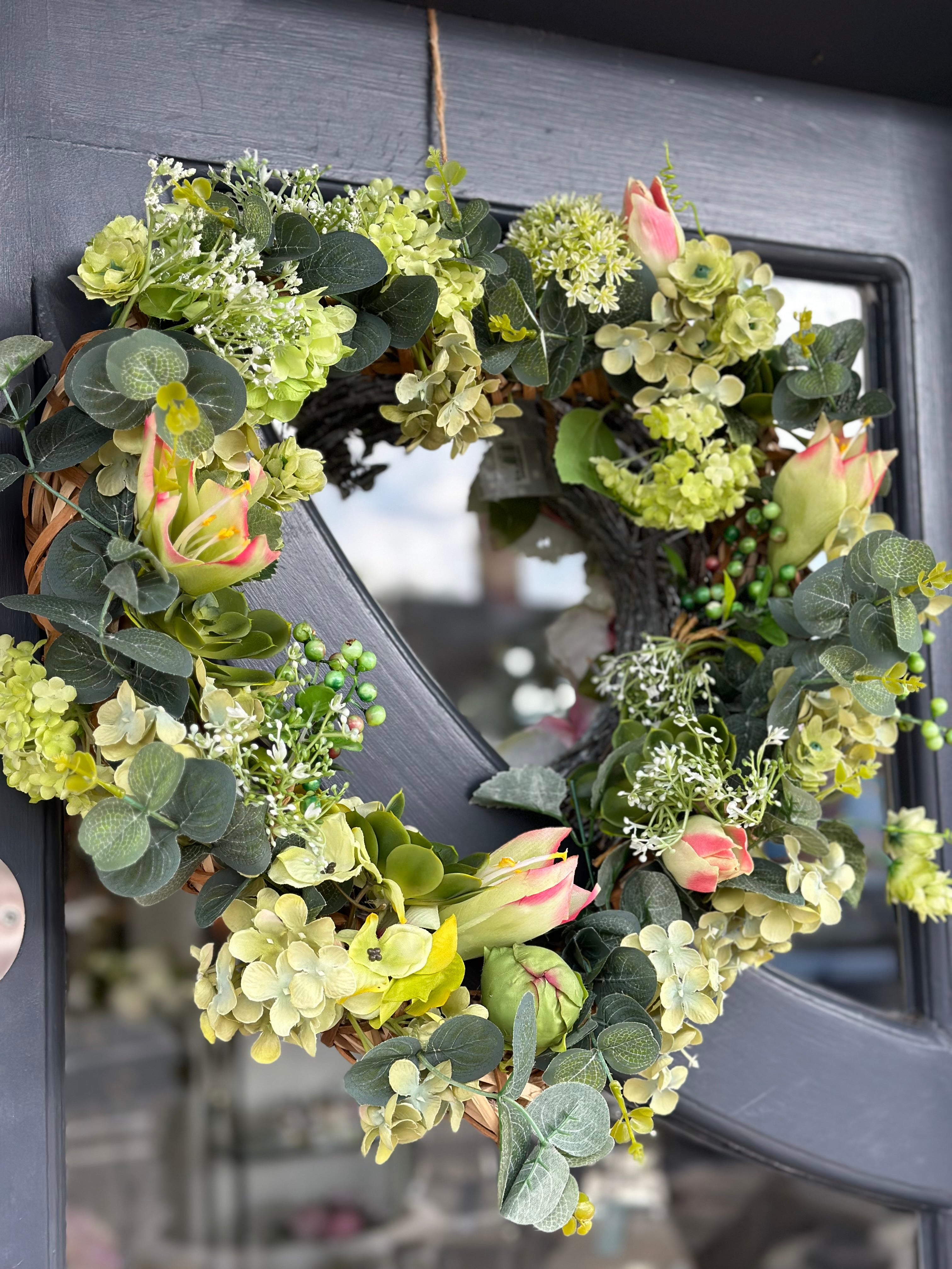 Faux Hydrangea, Eucalyptus and Foliage Heart Wreath