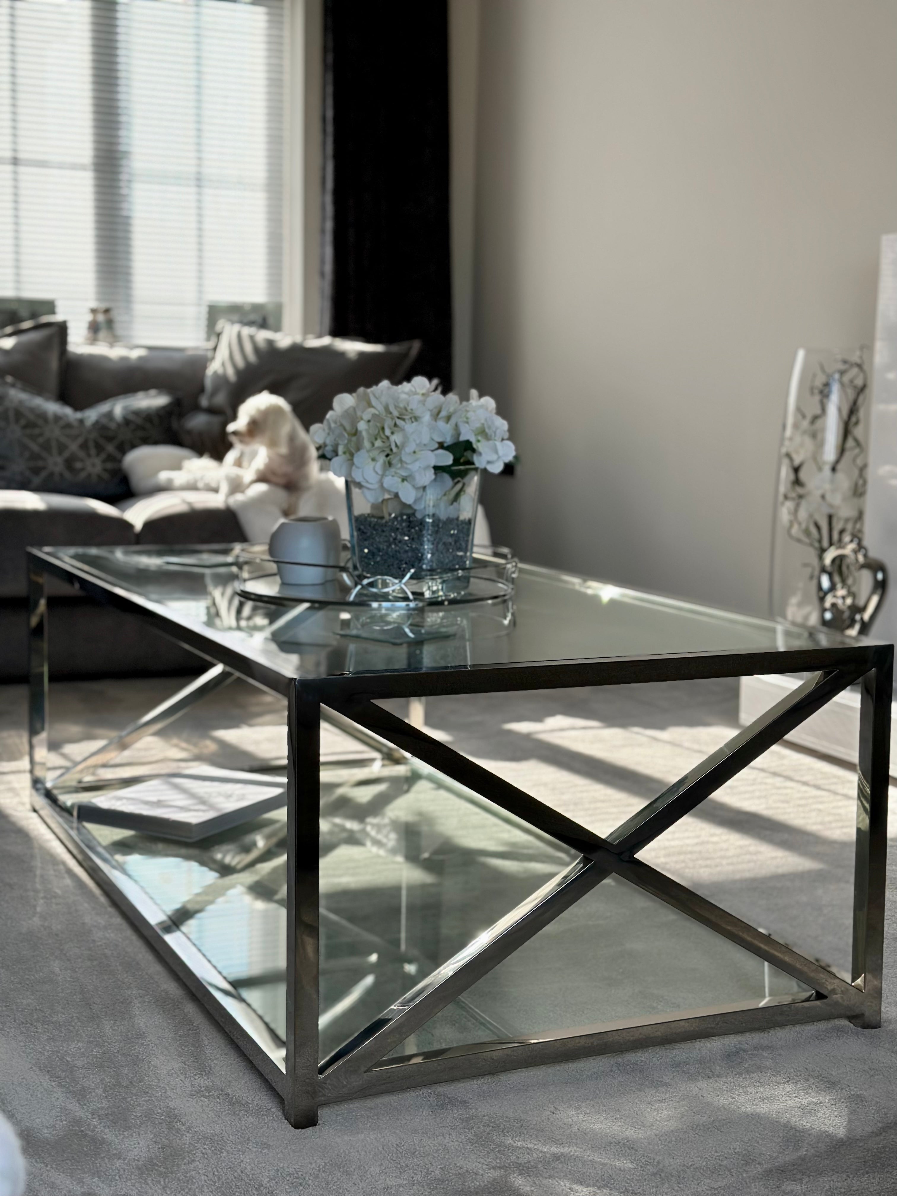 Two Tiered Glass and Steel Coffee Table