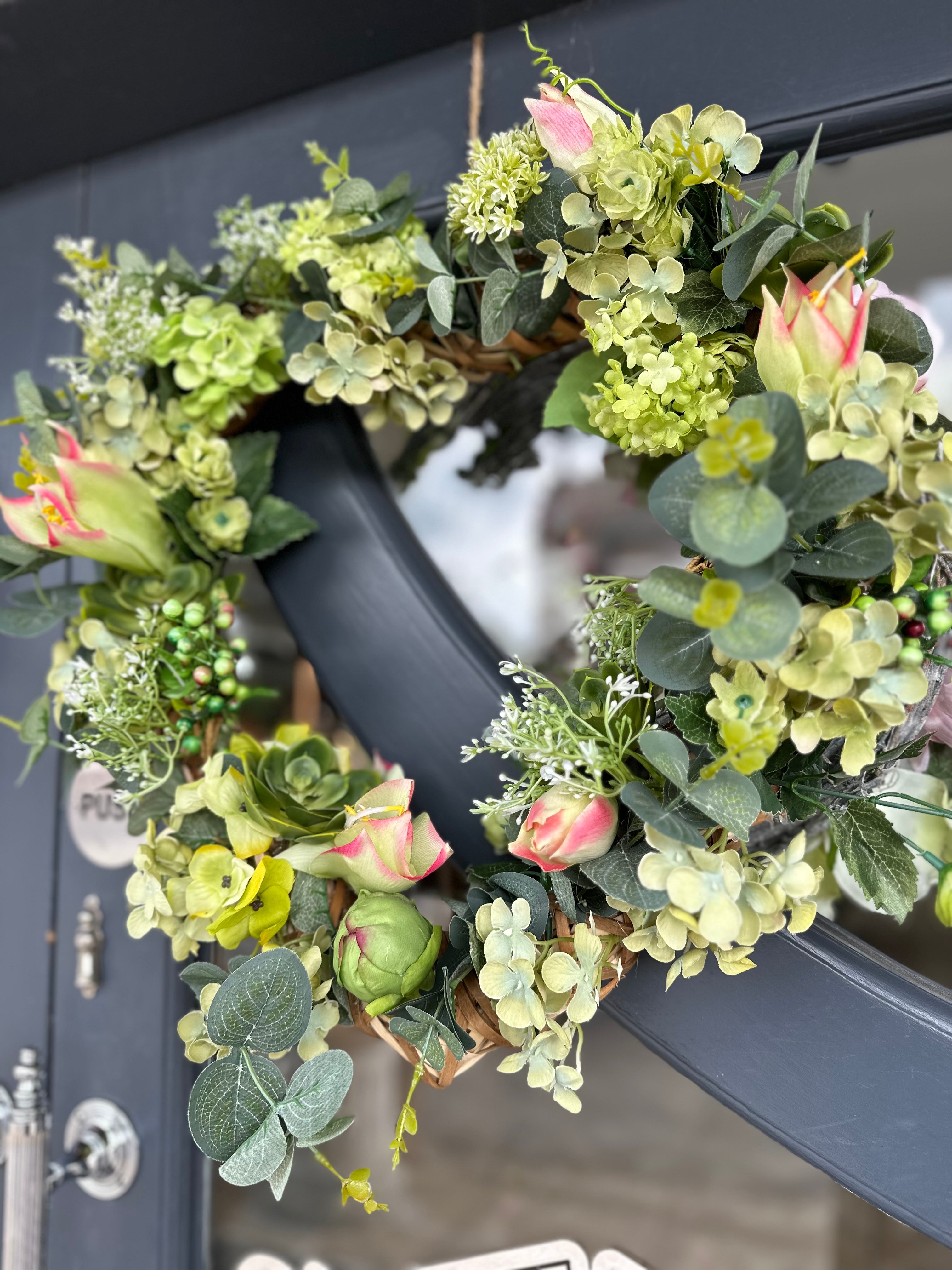 Faux Hydrangea, Eucalyptus and Foliage Heart Wreath