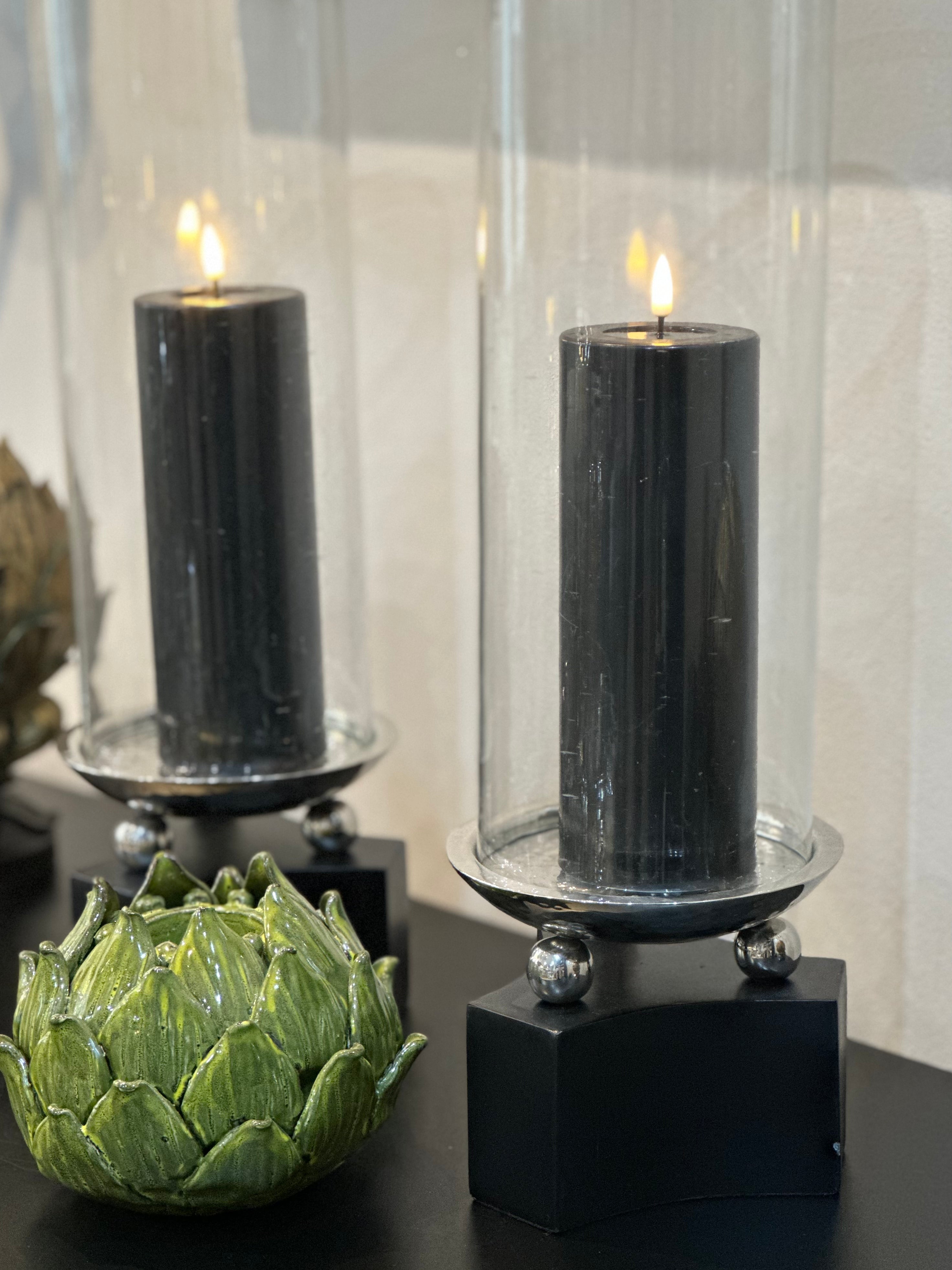 Glass Candle Pillar on Wooden Base