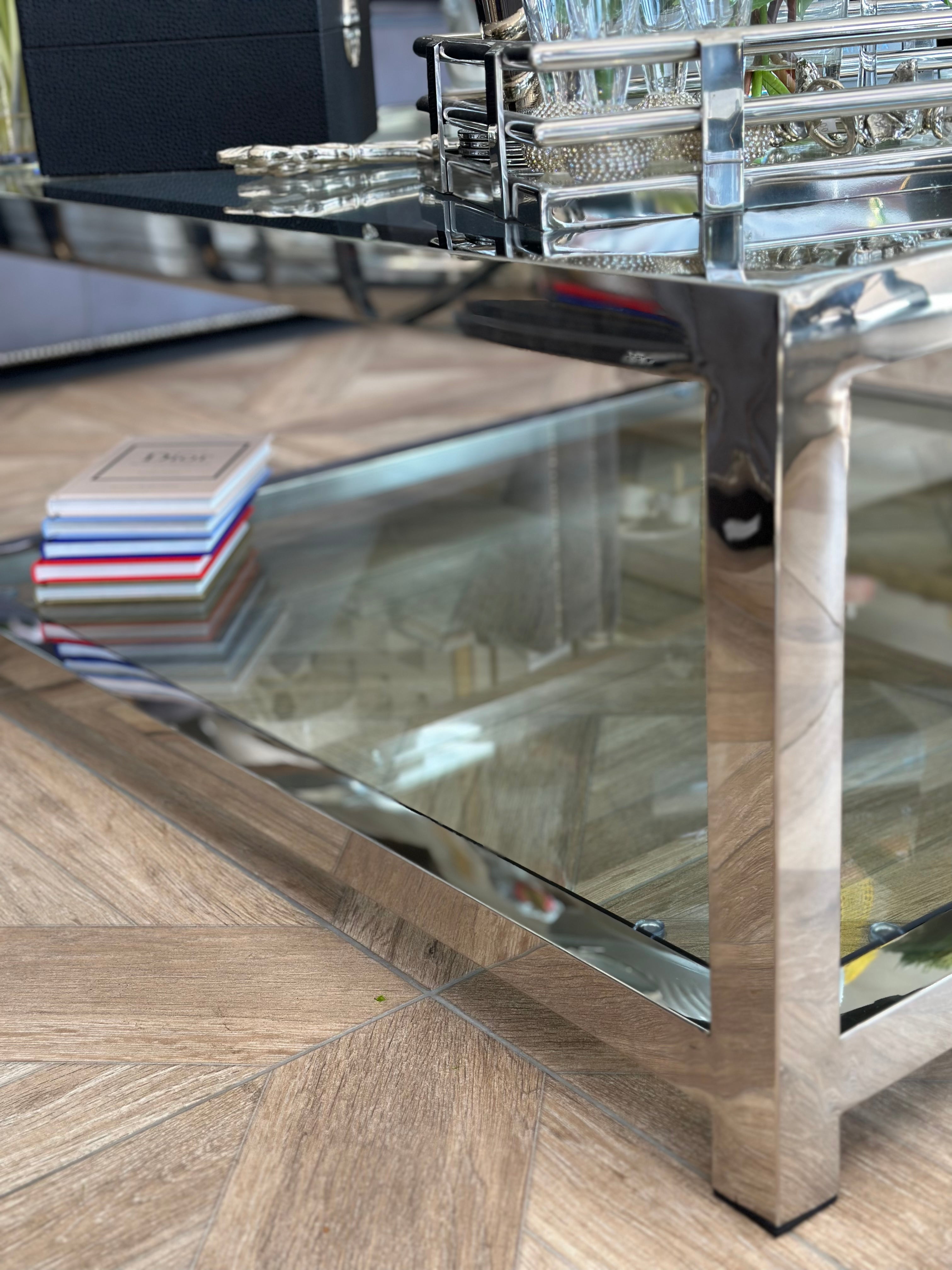 Two Tiered Glass and Steel Square Coffee Table