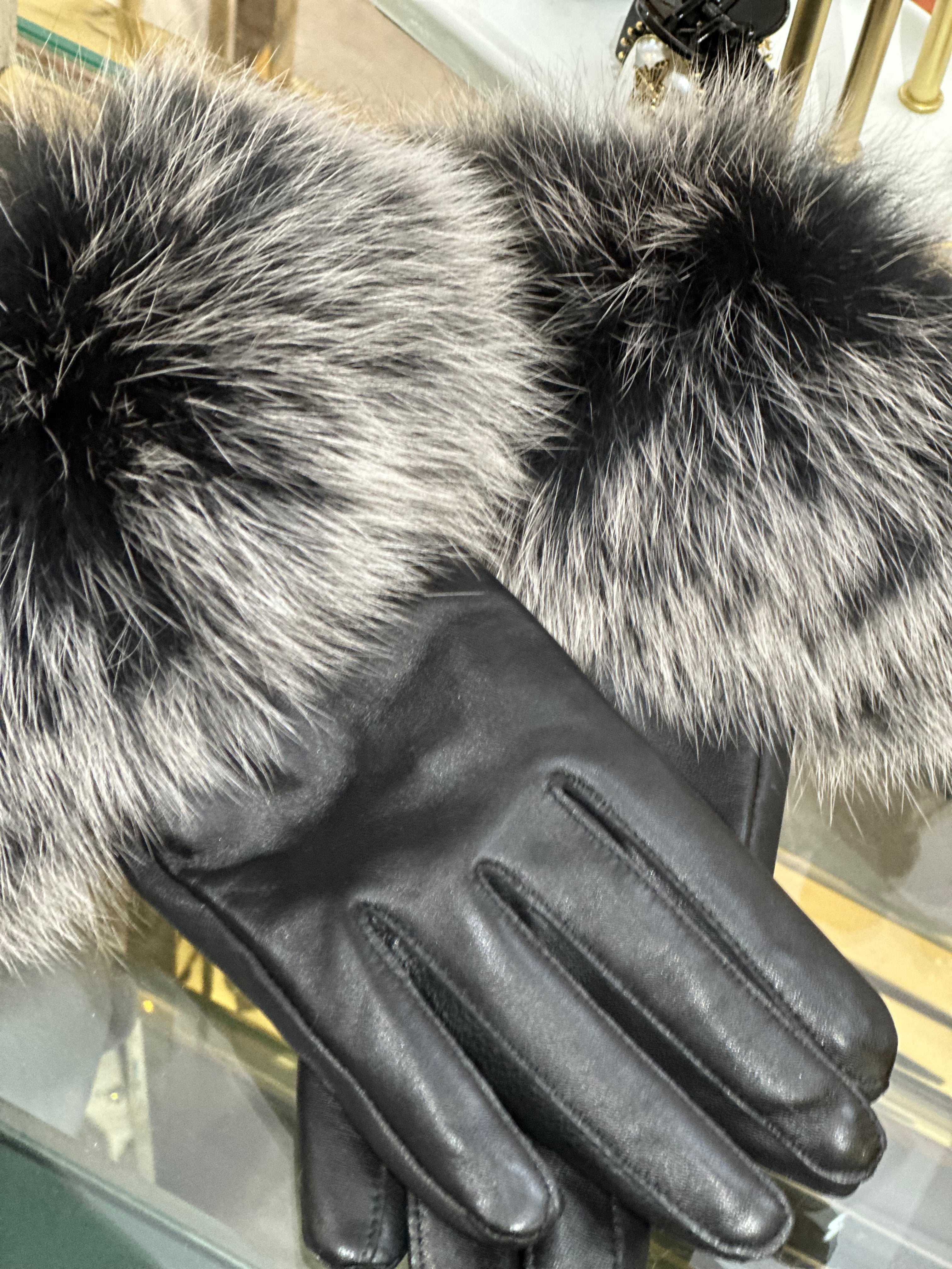 Black Leather Gloves with Fur Cuff