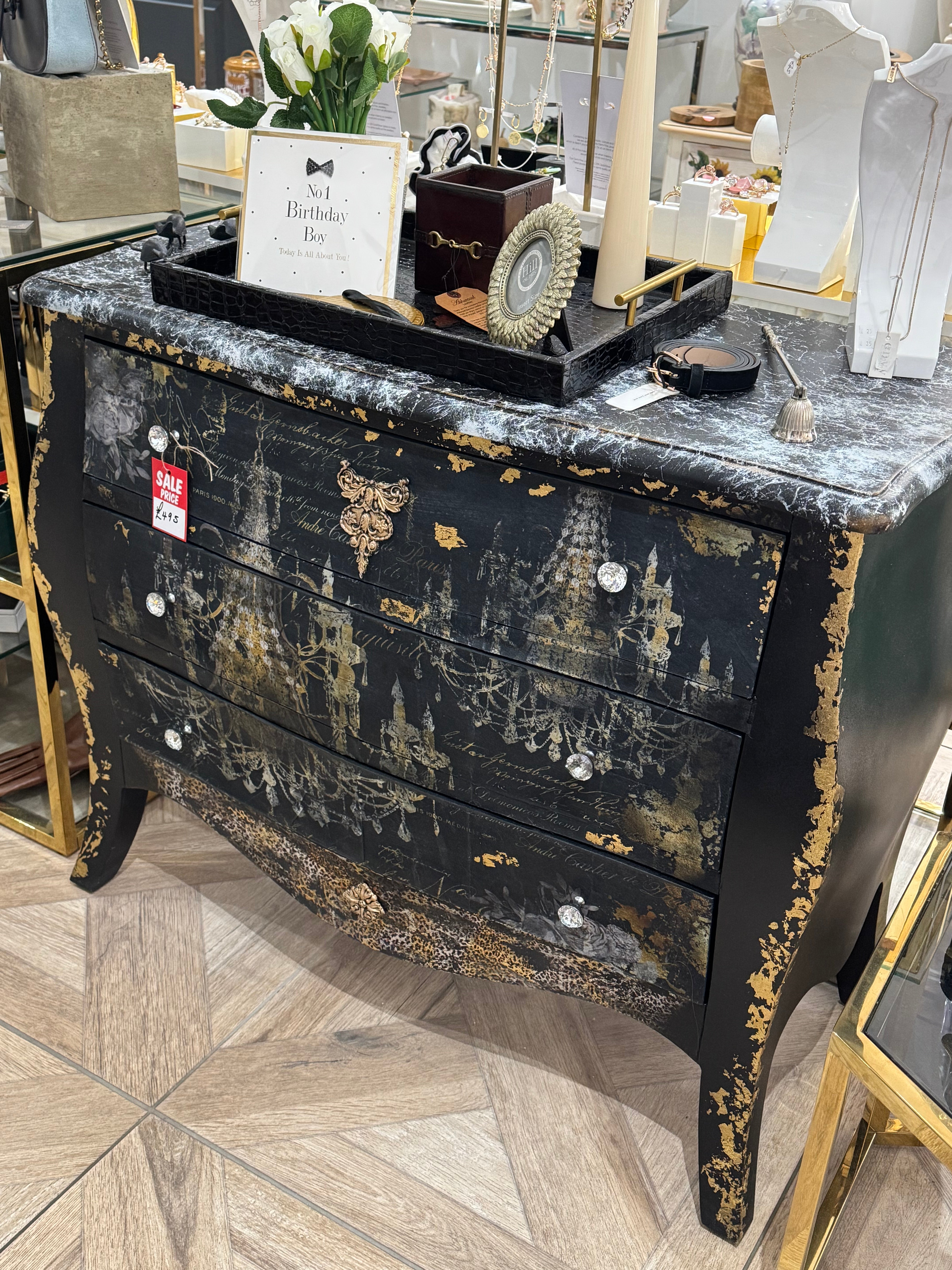 Beautility Mid-Century Sideboard with Black Fabric, Gold Accents & Chandelier Decoupage