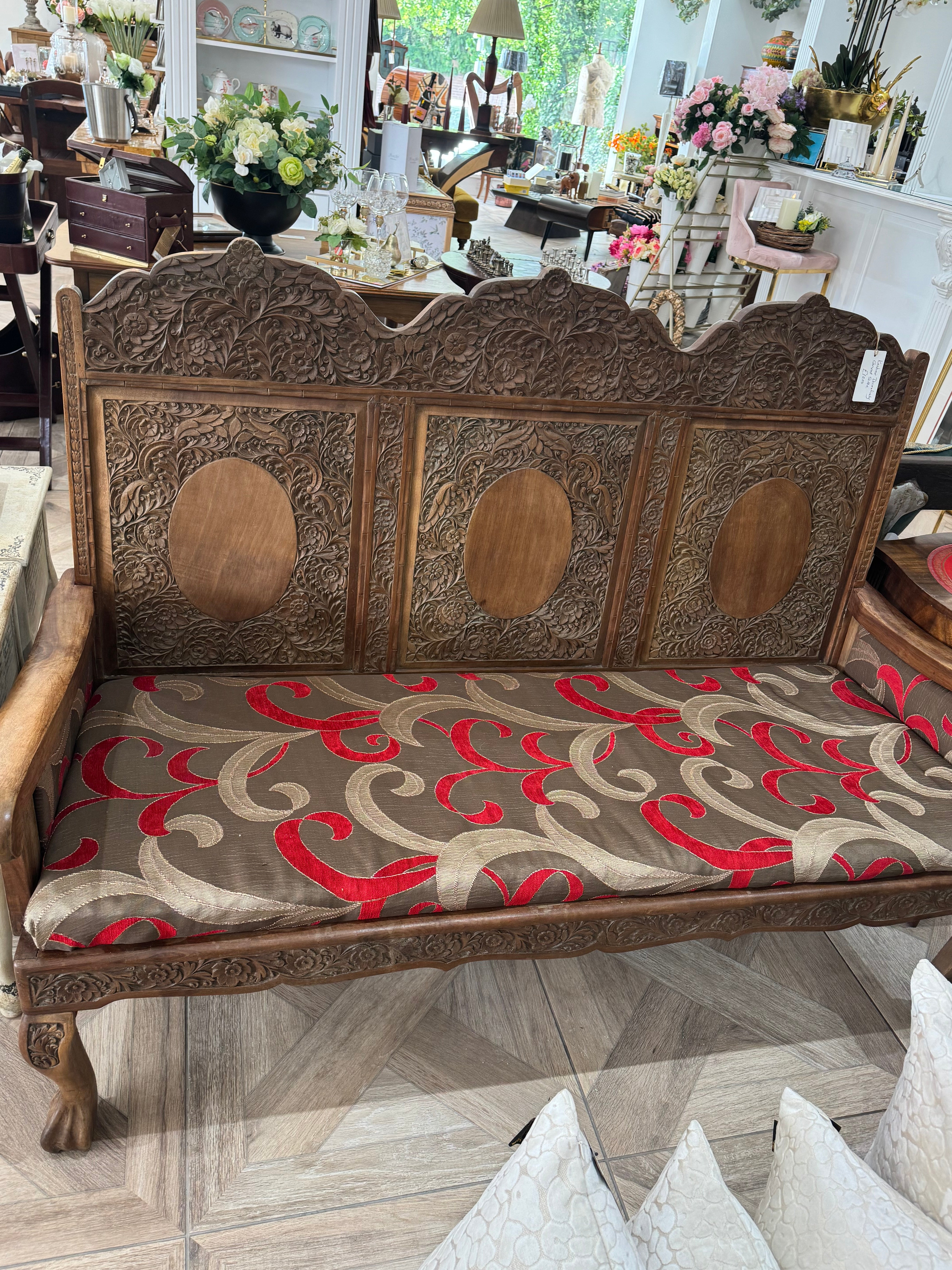 Vintage Hand-Carved Kashmiri Walnut Settle