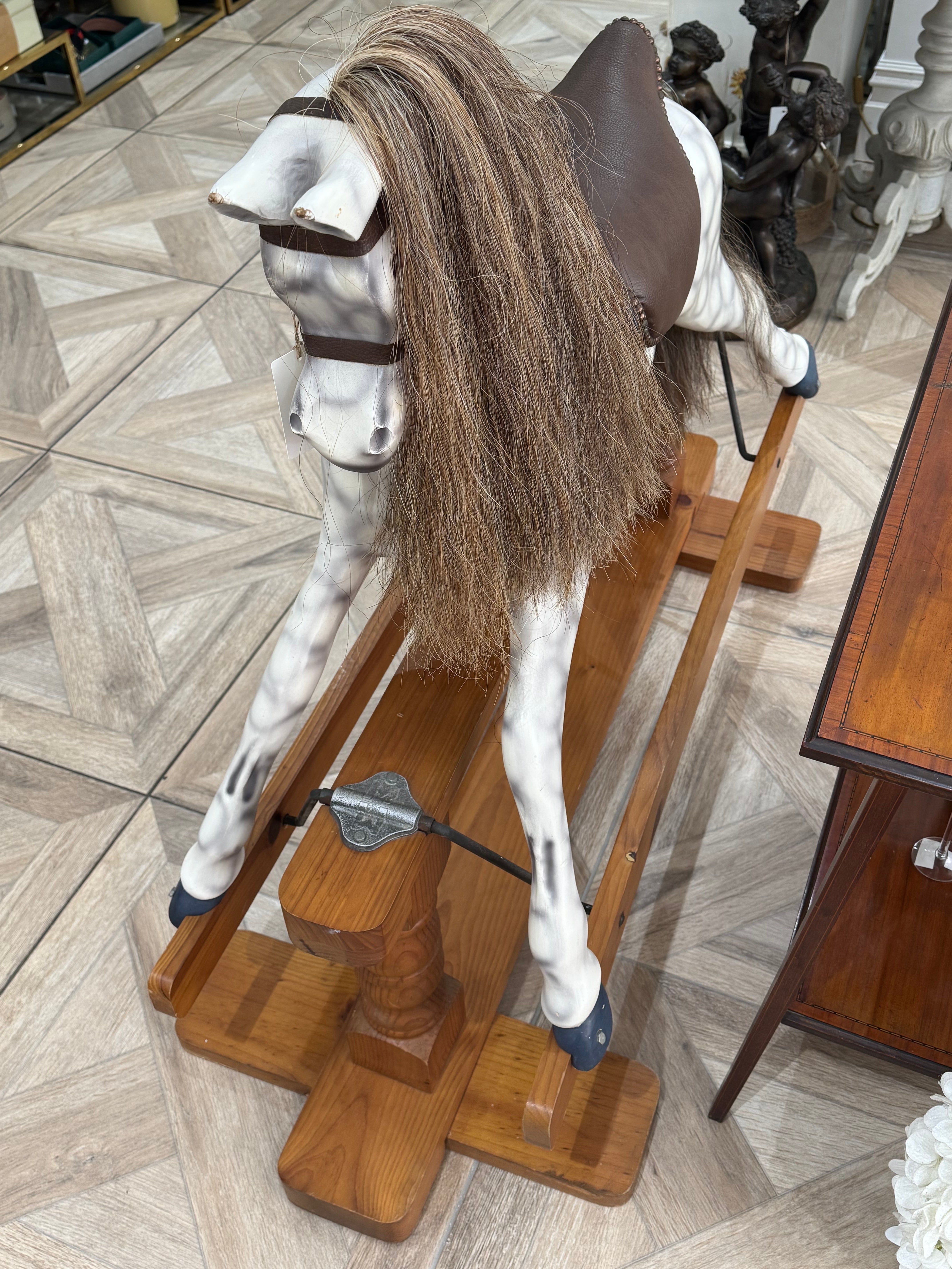 Traditional Dapple Grey Rocking Horse on Bow Stand