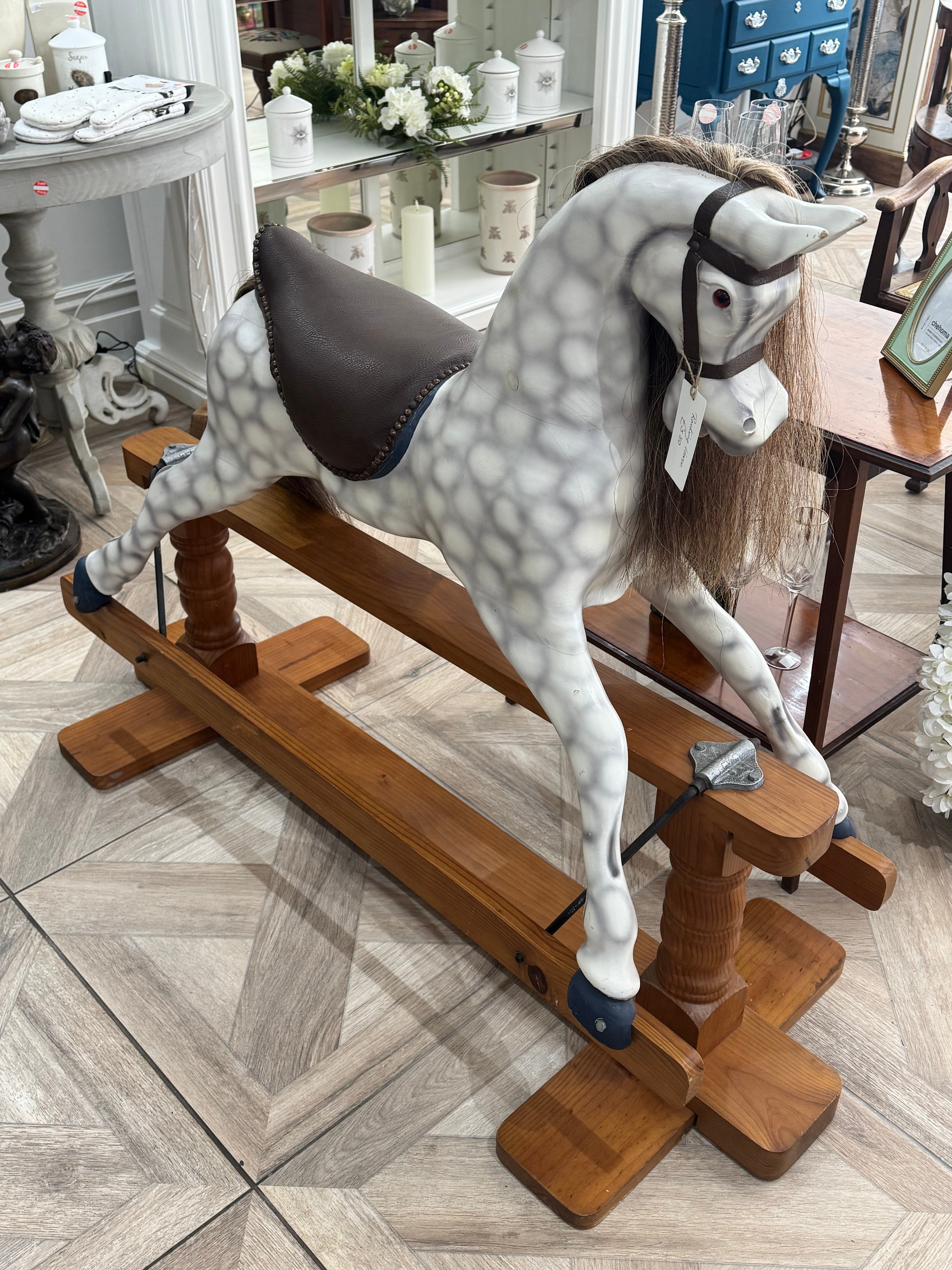Traditional Dapple Grey Rocking Horse on Bow Stand