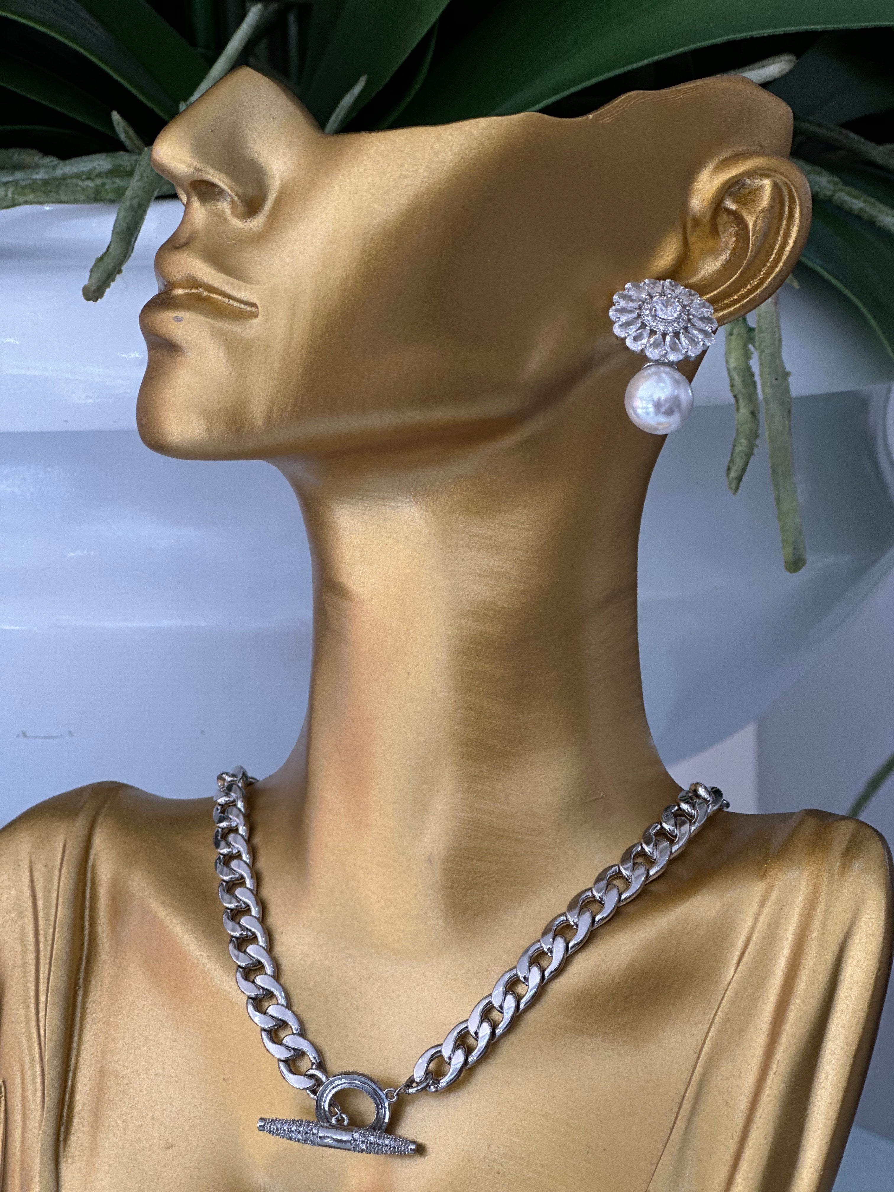 Silver Plated Crystal Flower Pearl Drop Earrings