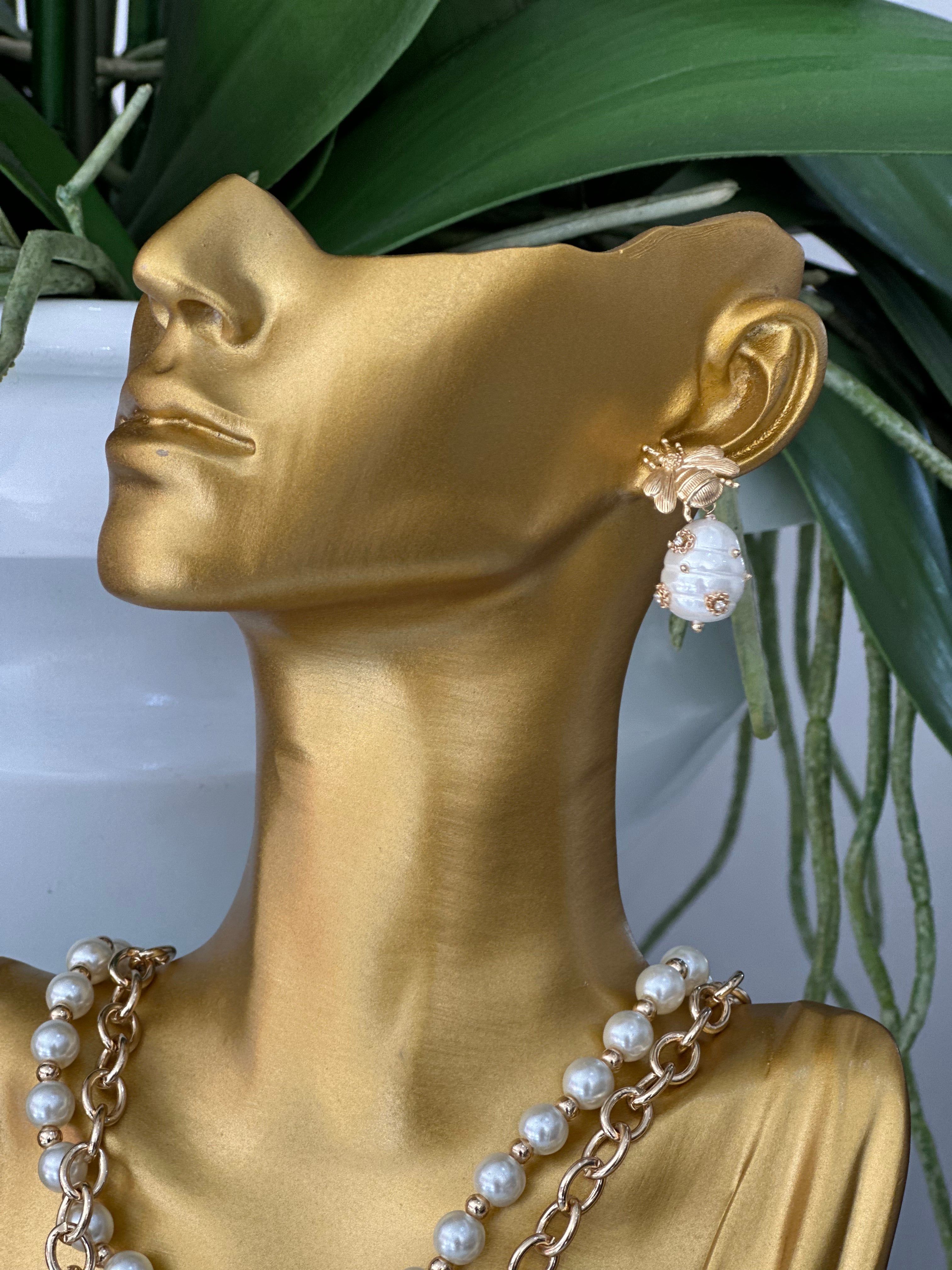 Gold Plated Bee Pearl Drop Earrings