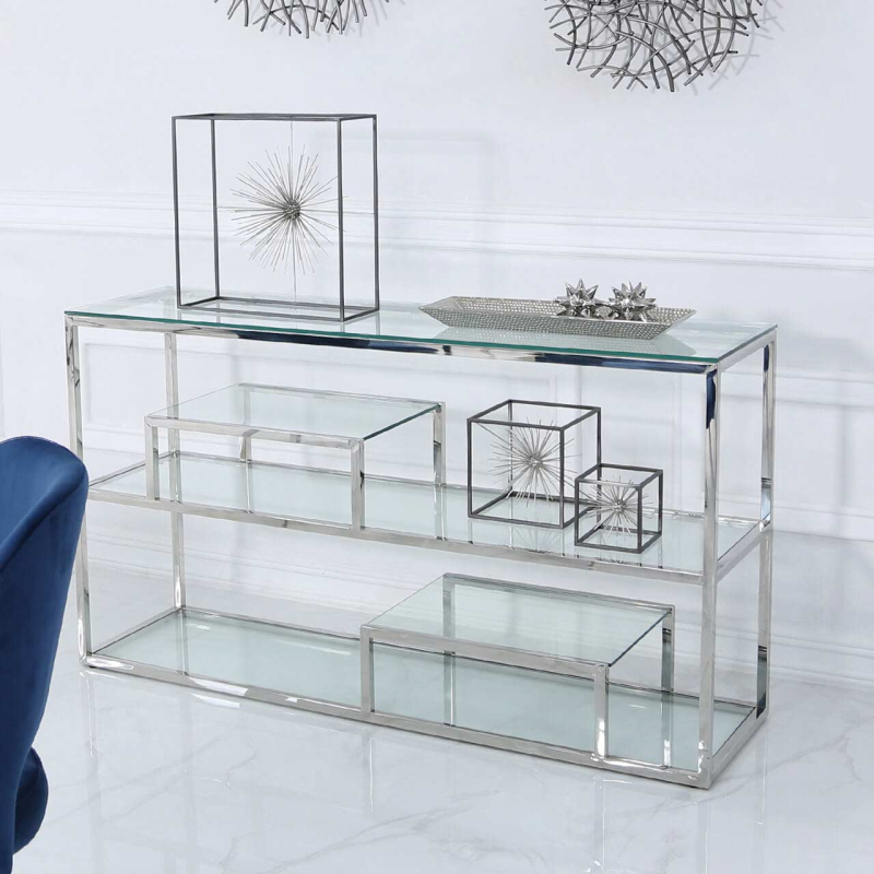 Chrome Steel and Clear Glass Tiered Console Table
