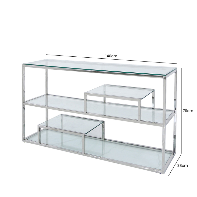 Chrome Steel and Clear Glass Tiered Console Table