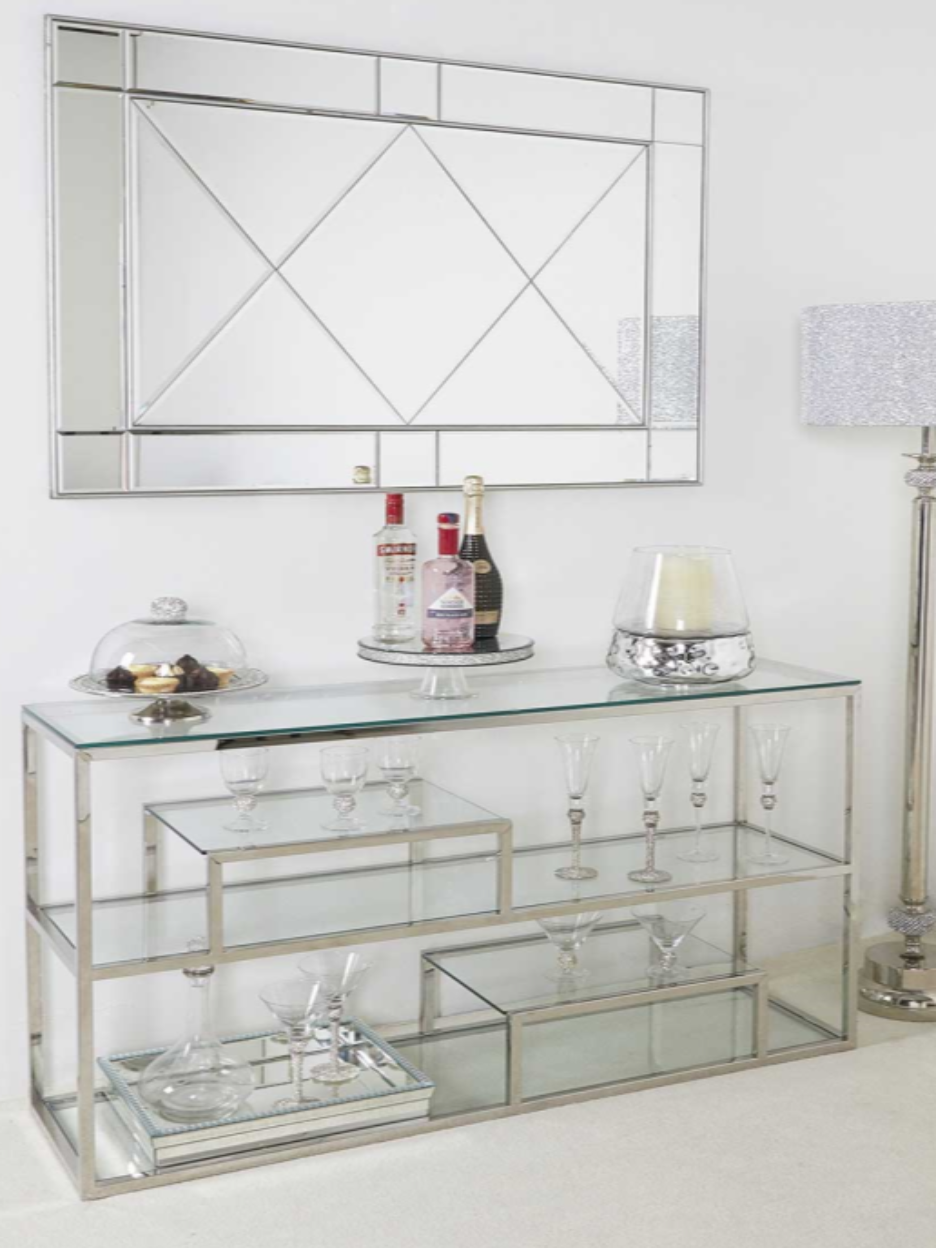 Chrome Steel and Clear Glass Tiered Console Table