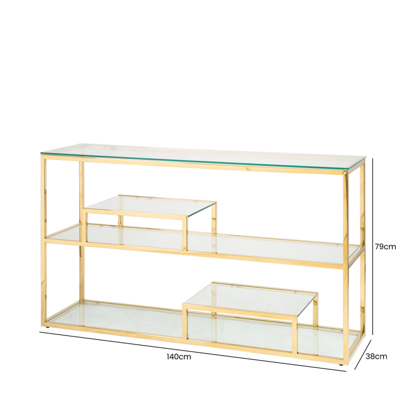 Gold Steel and Clear Glass Tiered Console Table