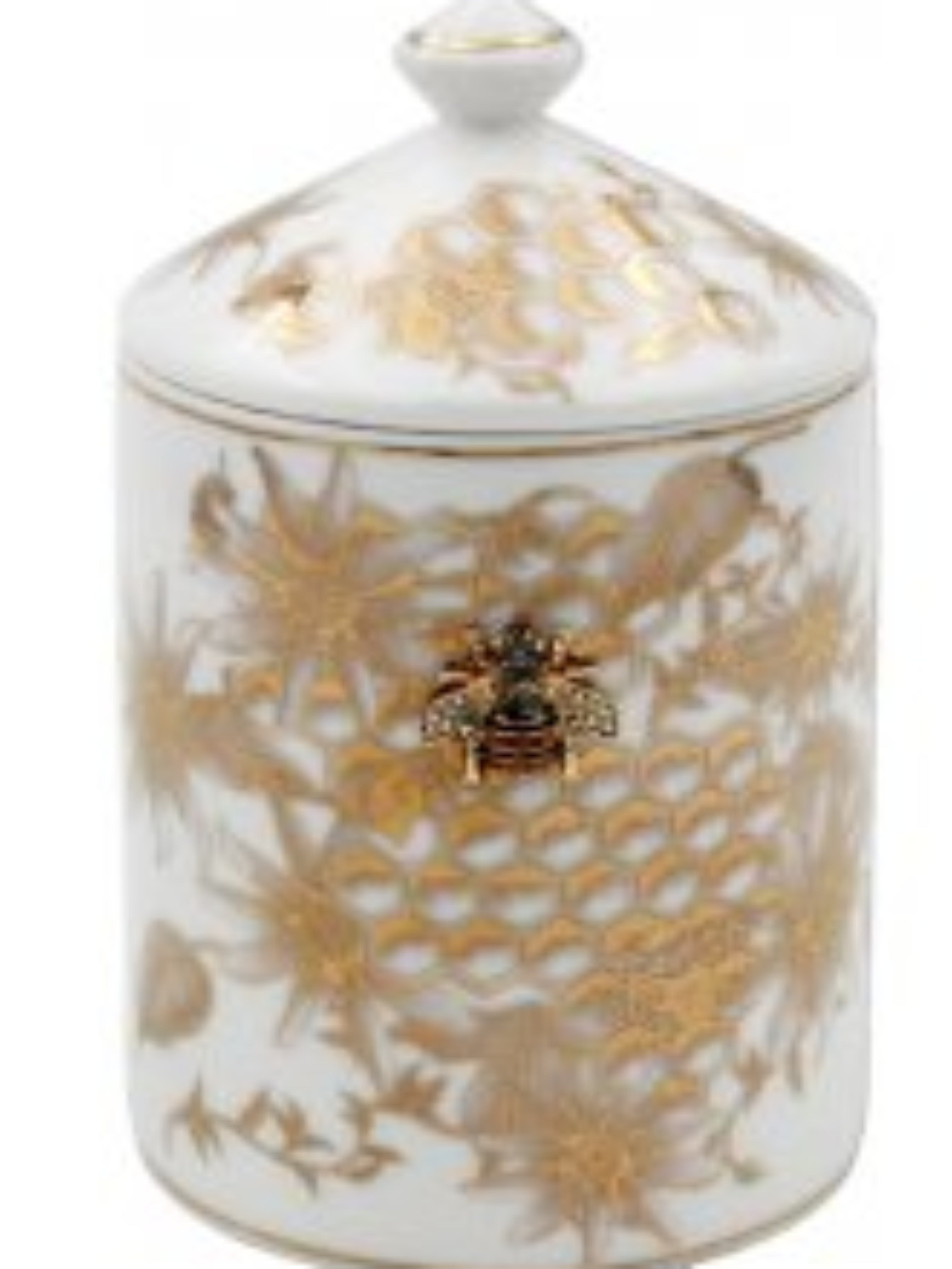 Bring a touch of opulence to your surroundings with this golden bee ceramic candle jar. Crafted from fine ceramic, this exquisite piece features a magnificent golden bee adorned with jewels against a shimmering gold and white honeycomb design