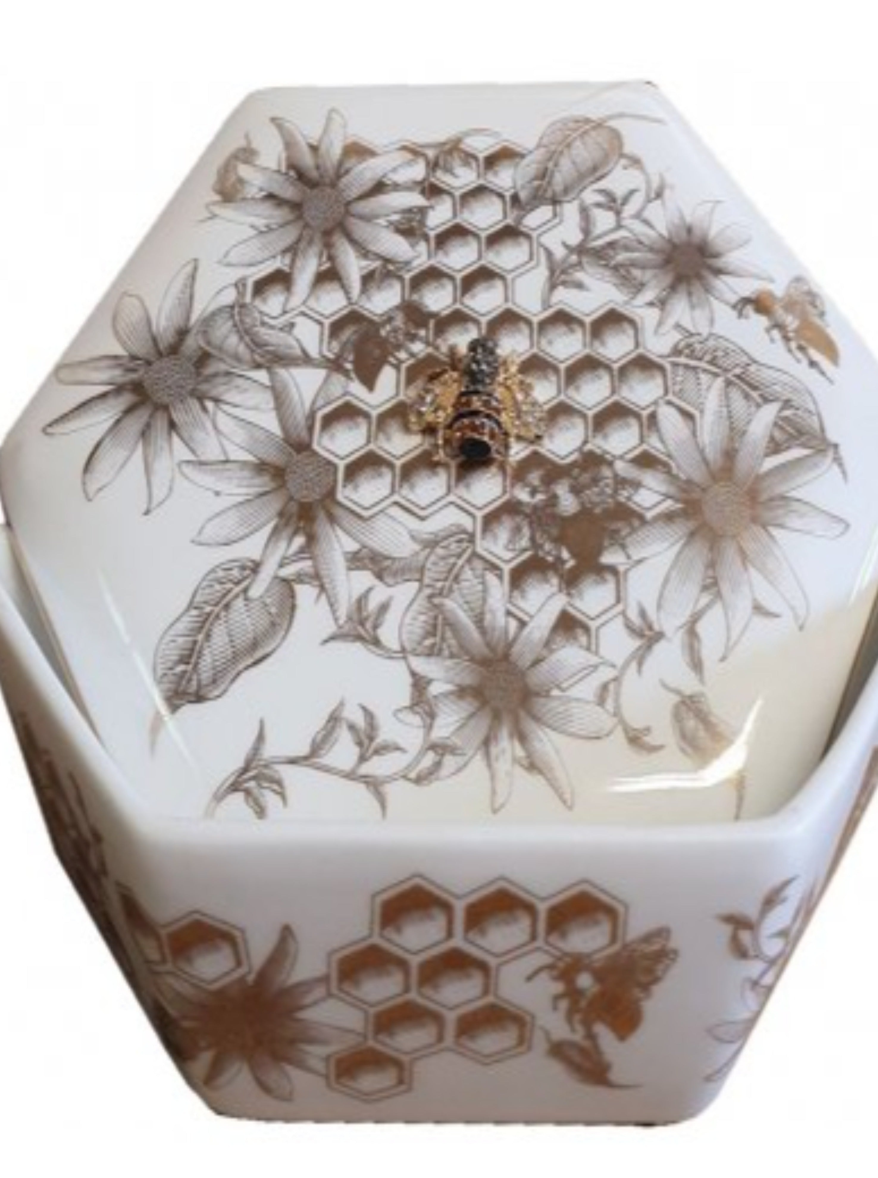 Golden Honeycomb Bee Ceramic Trinket Box