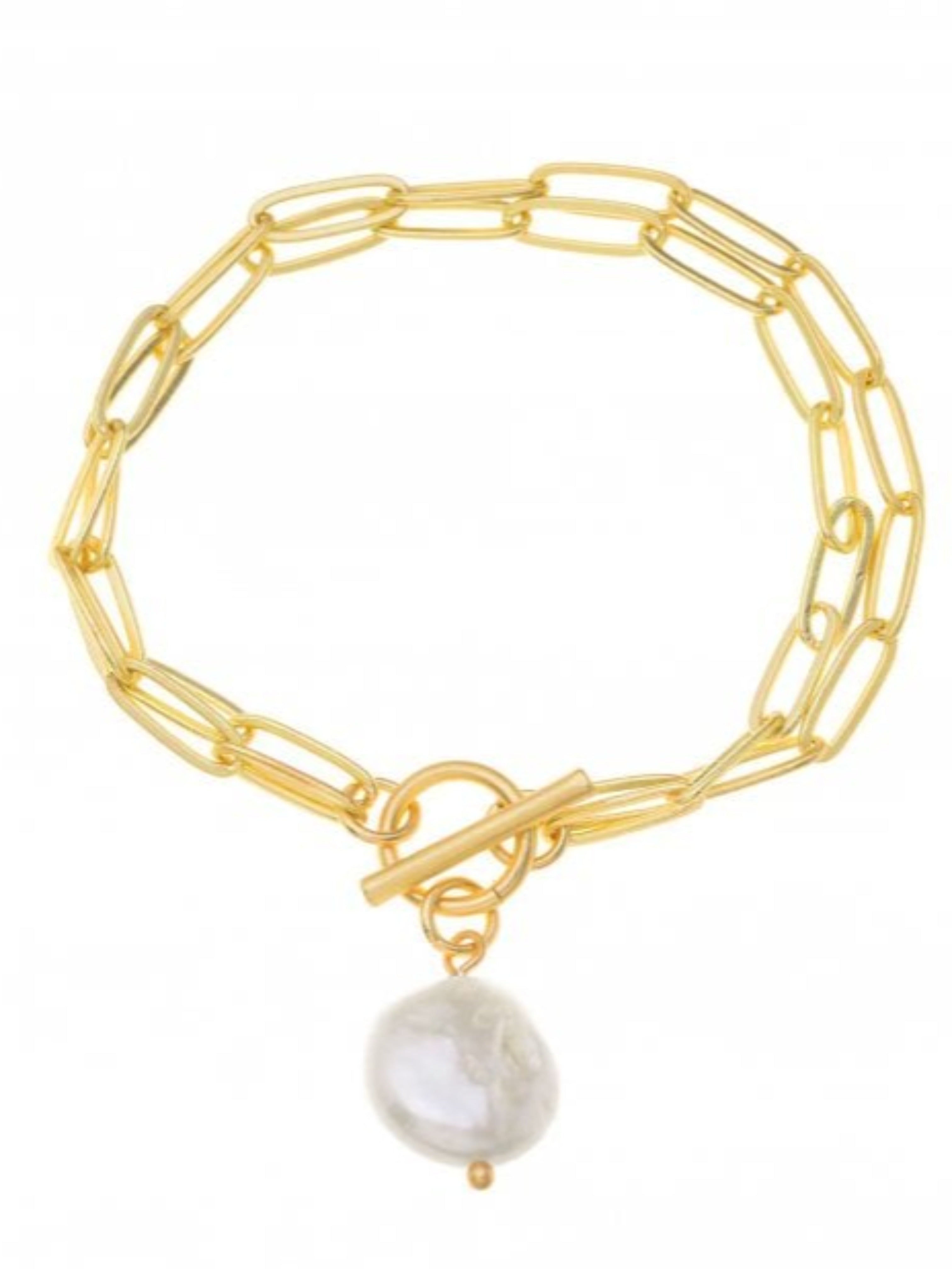 Gold Plated Thin Double Chain T-Bar Bracelet with Pearl with lock
