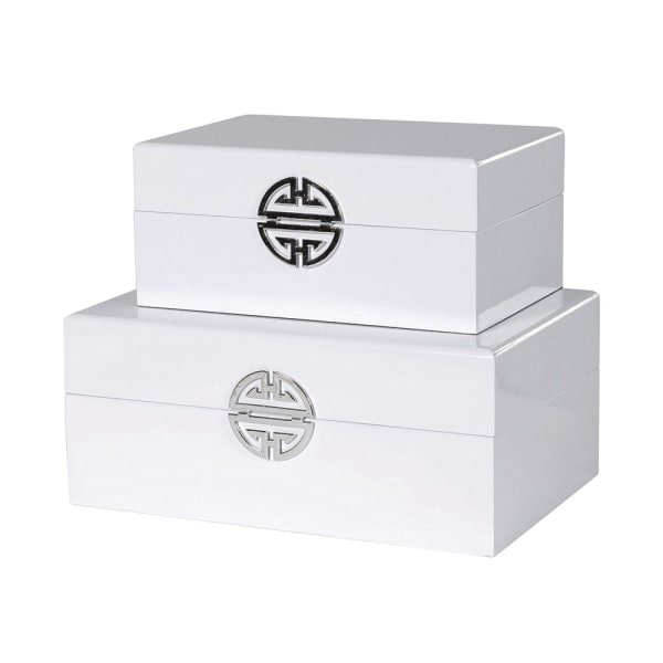 Set of Two White Wooden Storage Boxes with Silver Detail
