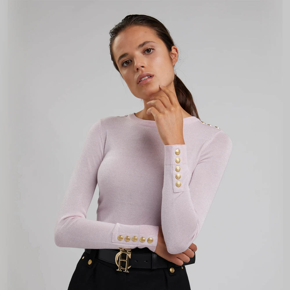 Holland Cooper Button Knit Metallic Crew Neck Sweater- Grey, Black, Pink, Beige