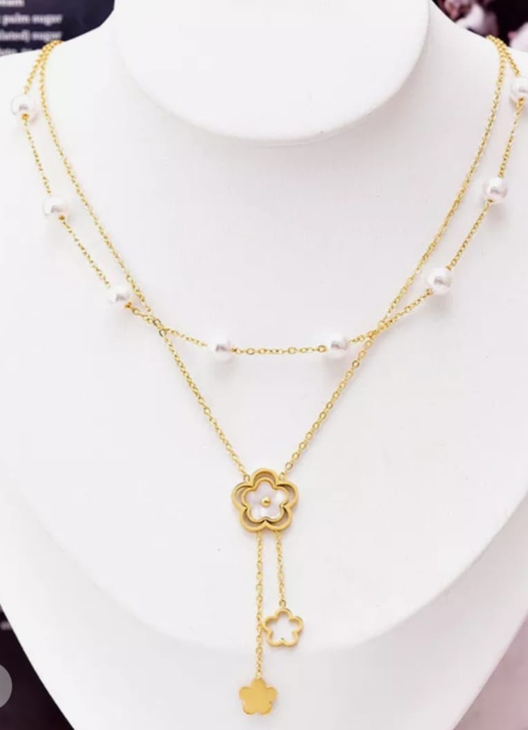 Gold Plated Double Chain Necklace with Pearl Detail and Flower Pendant