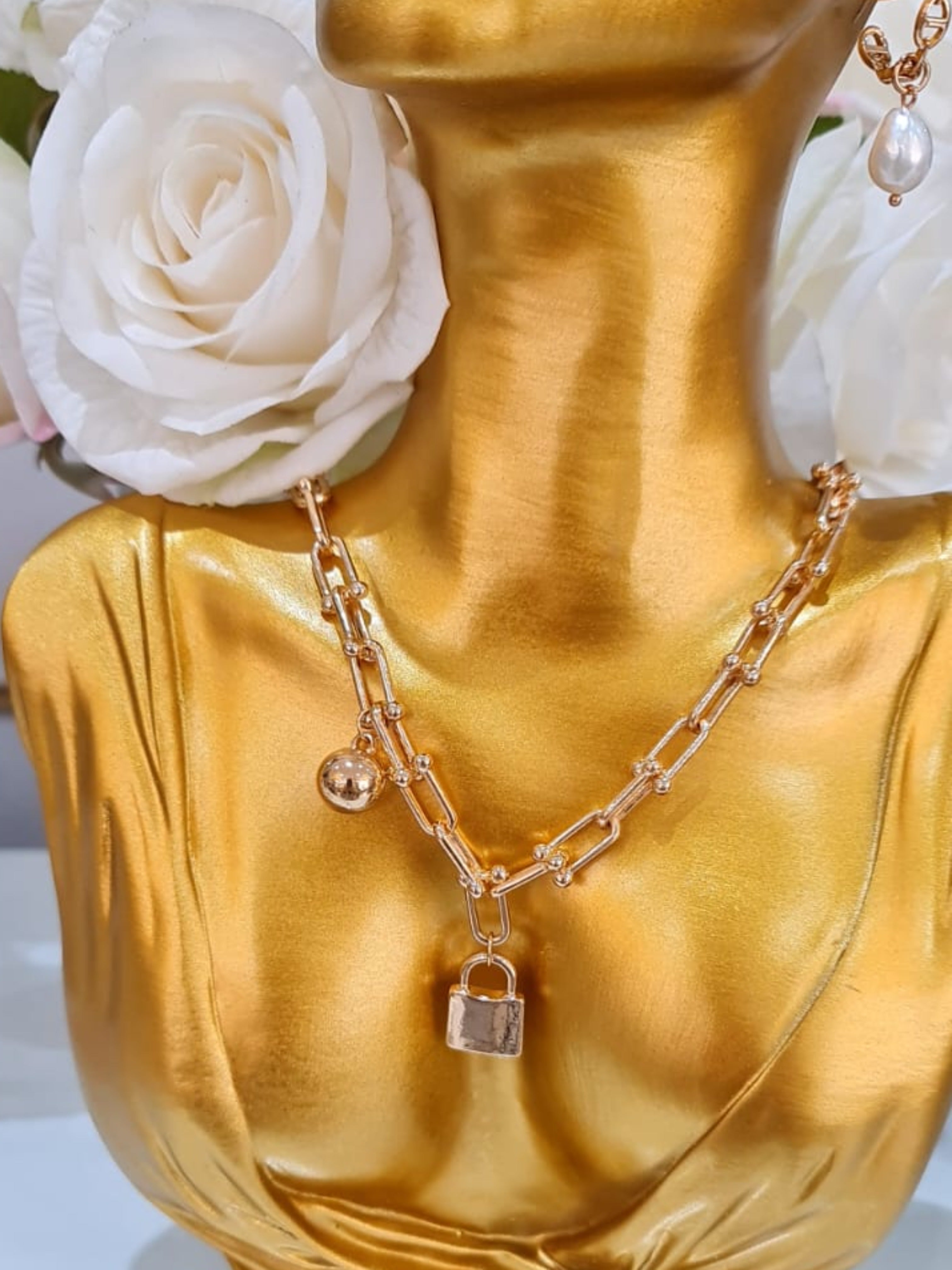 Gold Plated Chain Necklace with Lock and Ball Pendants
