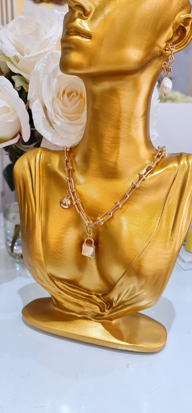 Gold Plated Chain Necklace with Lock and Ball Pendants