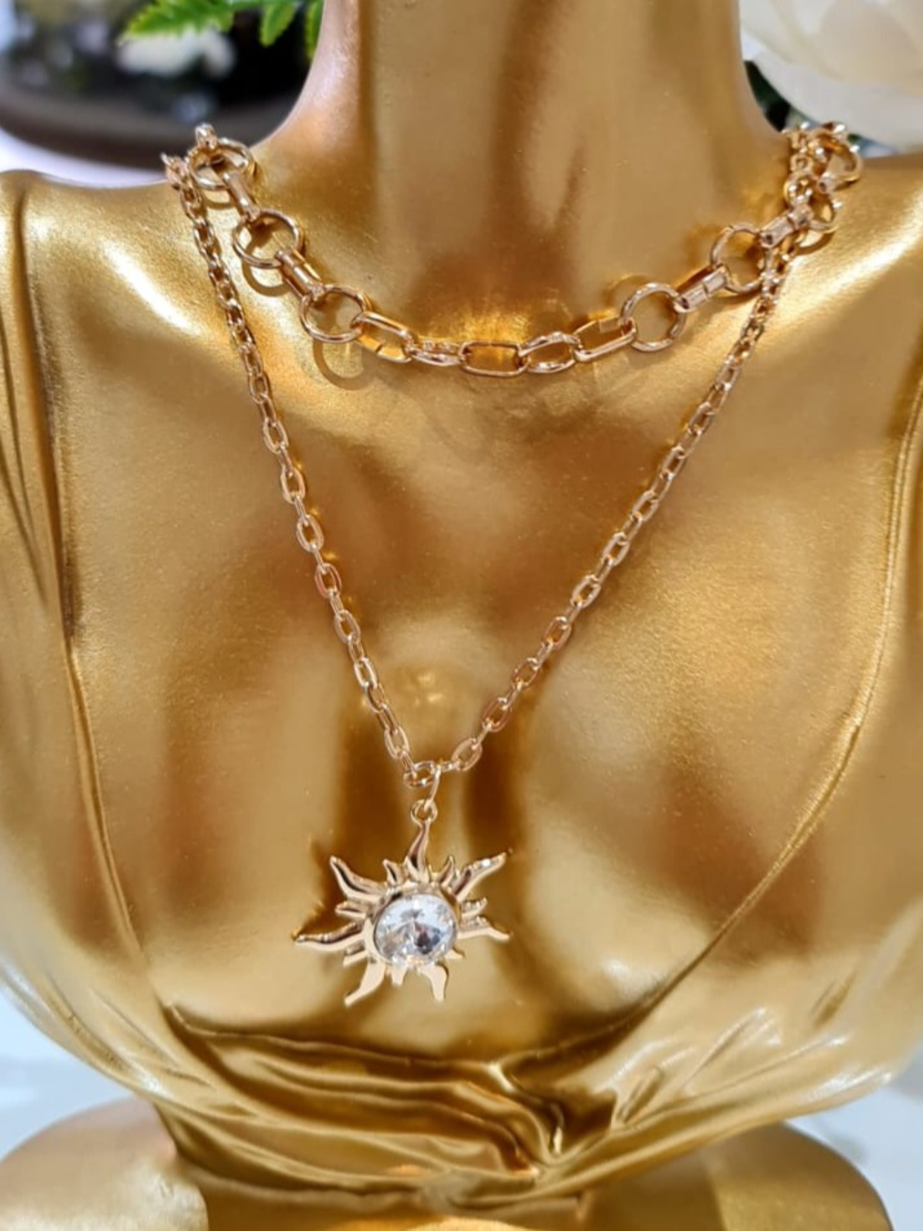 Gold Plated Double Chain Necklace with Diamante Sun Pendent