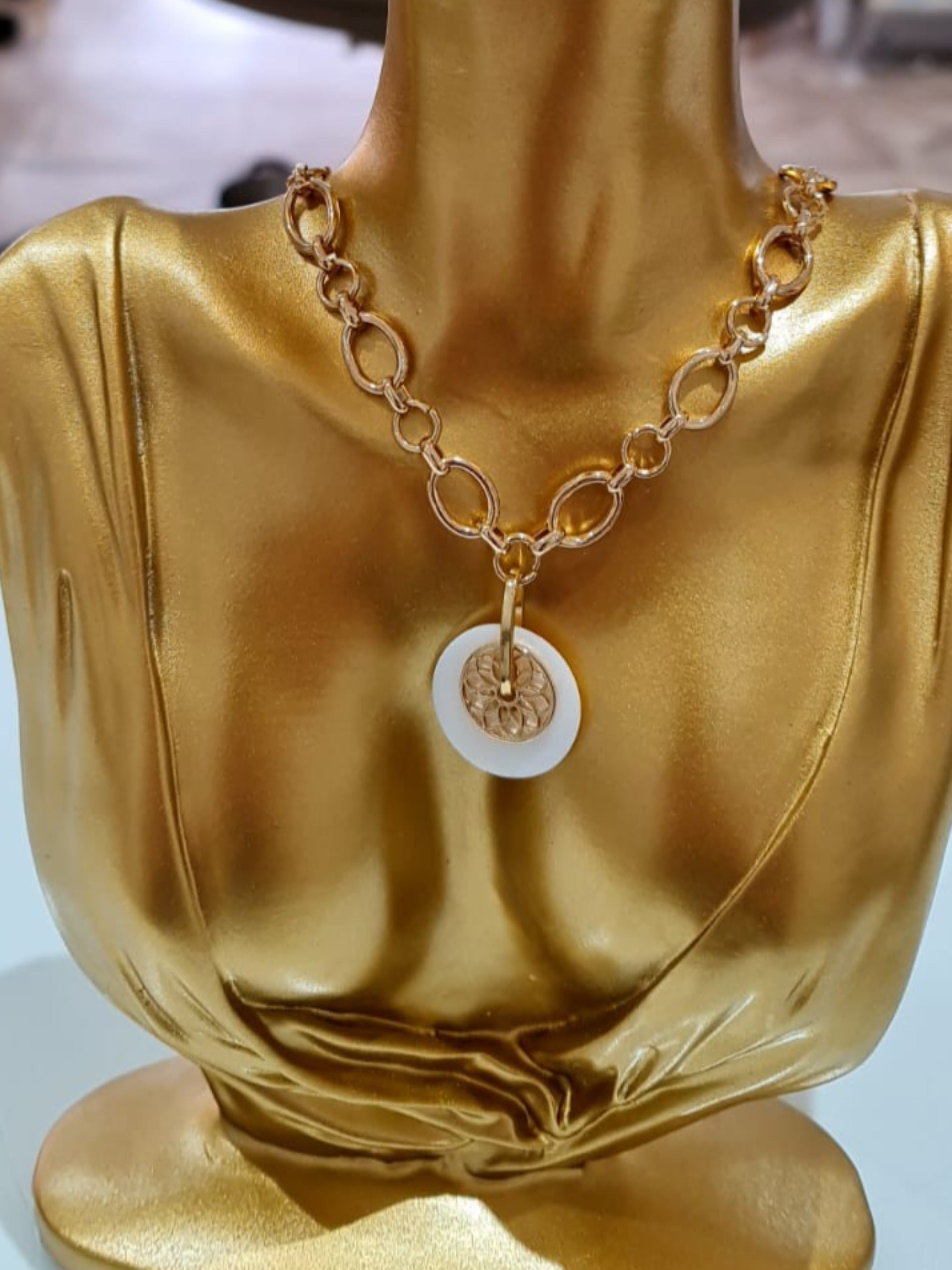 Gold plated chunky chain necklace with white and gold round pendants