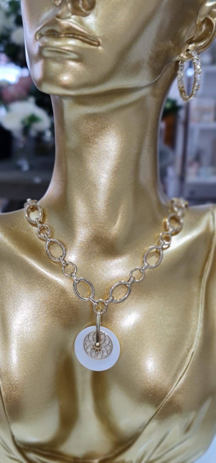 Gold Plated Chunky Chain Necklace with White and Gold Round Pendants