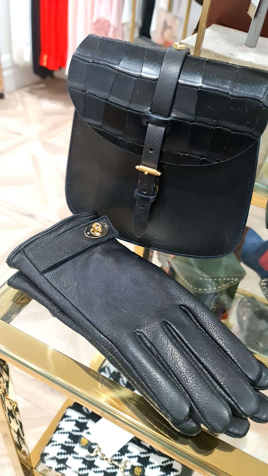 Black Leather Gloves with Gold Clasp