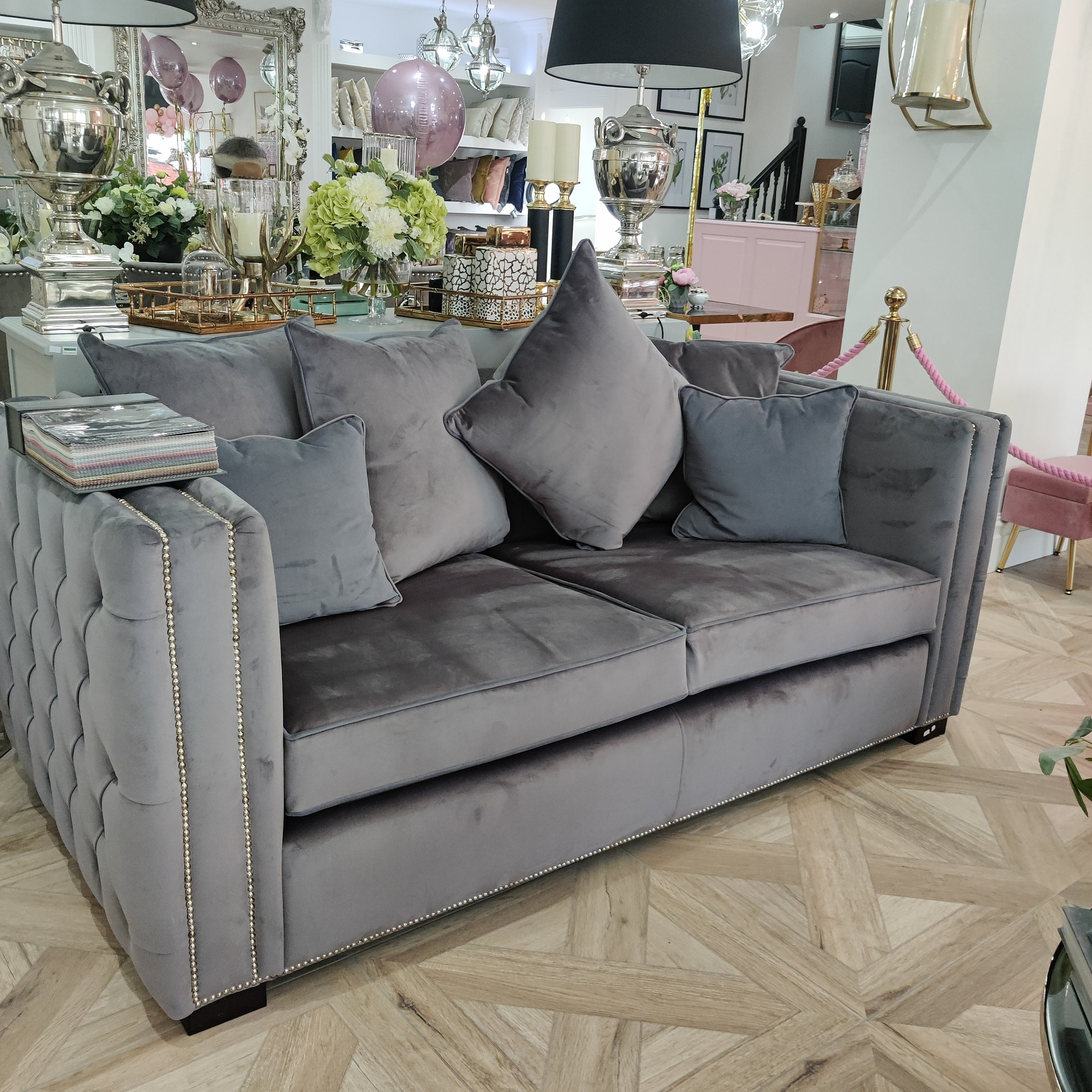 Luxury grey velvet buttoned two seater sofa