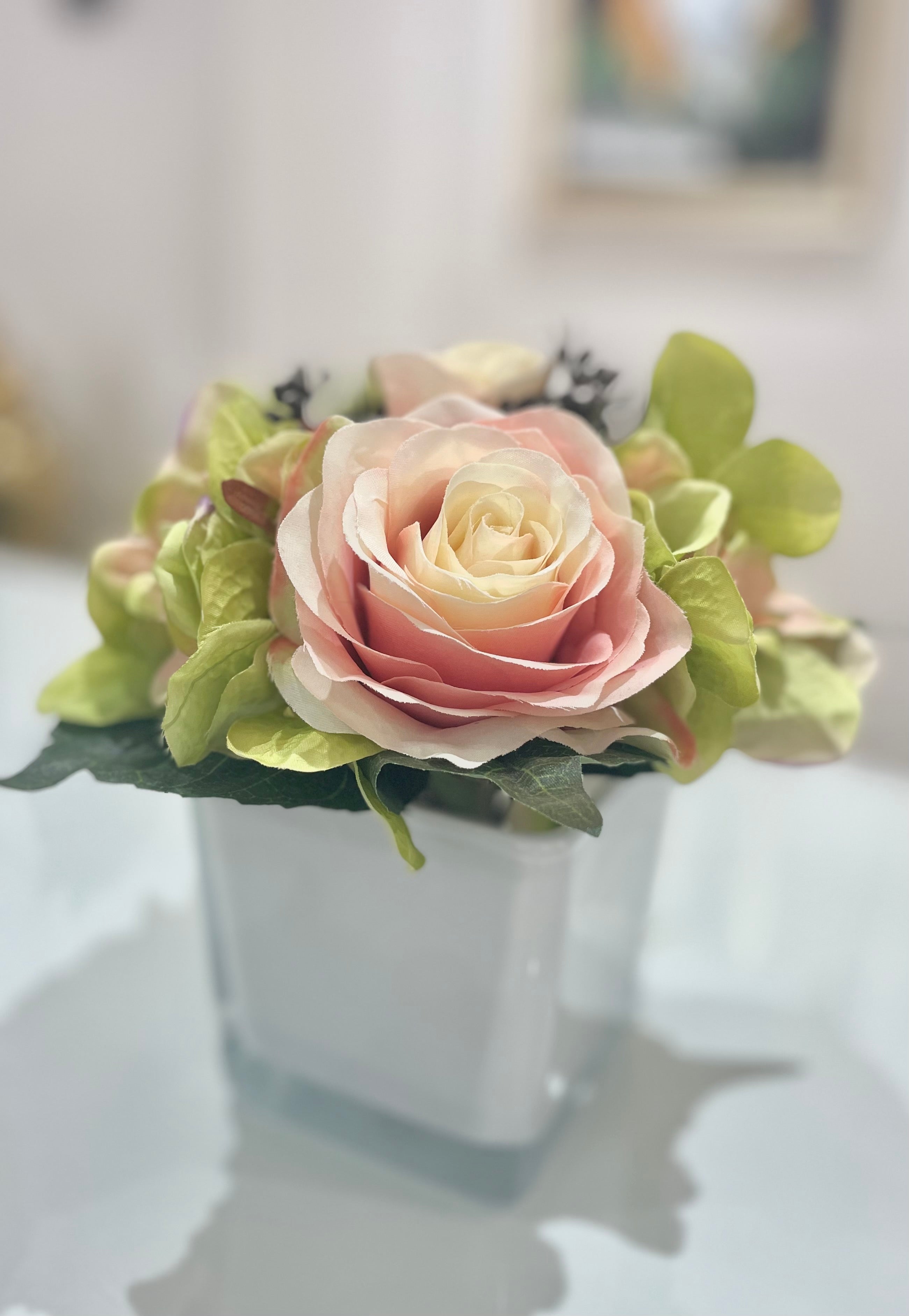 Faux Rose, Hydrangea and Foliage Arrangement