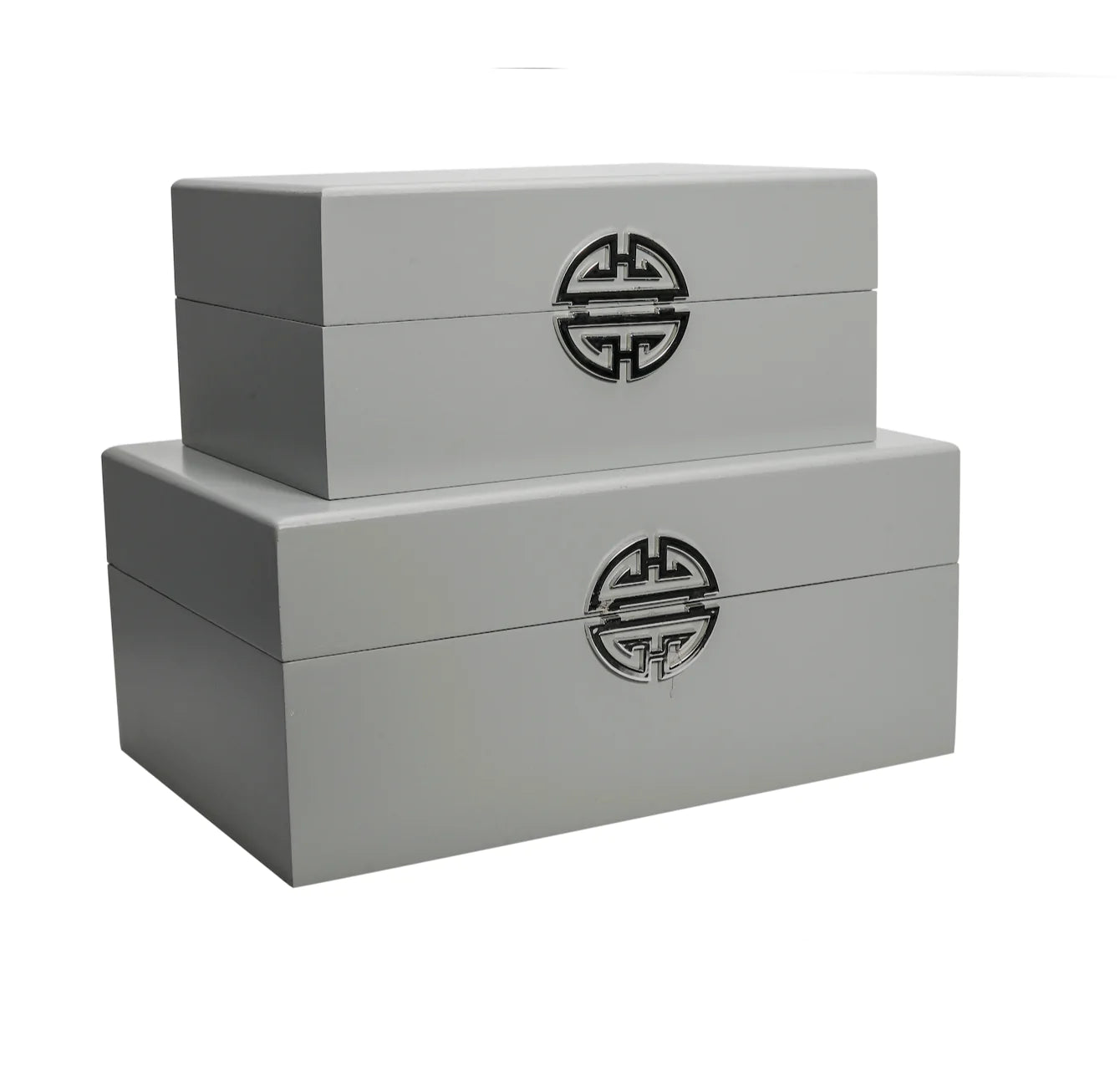Set of Two Grey Wooden Storage Boxes with Silver Detail