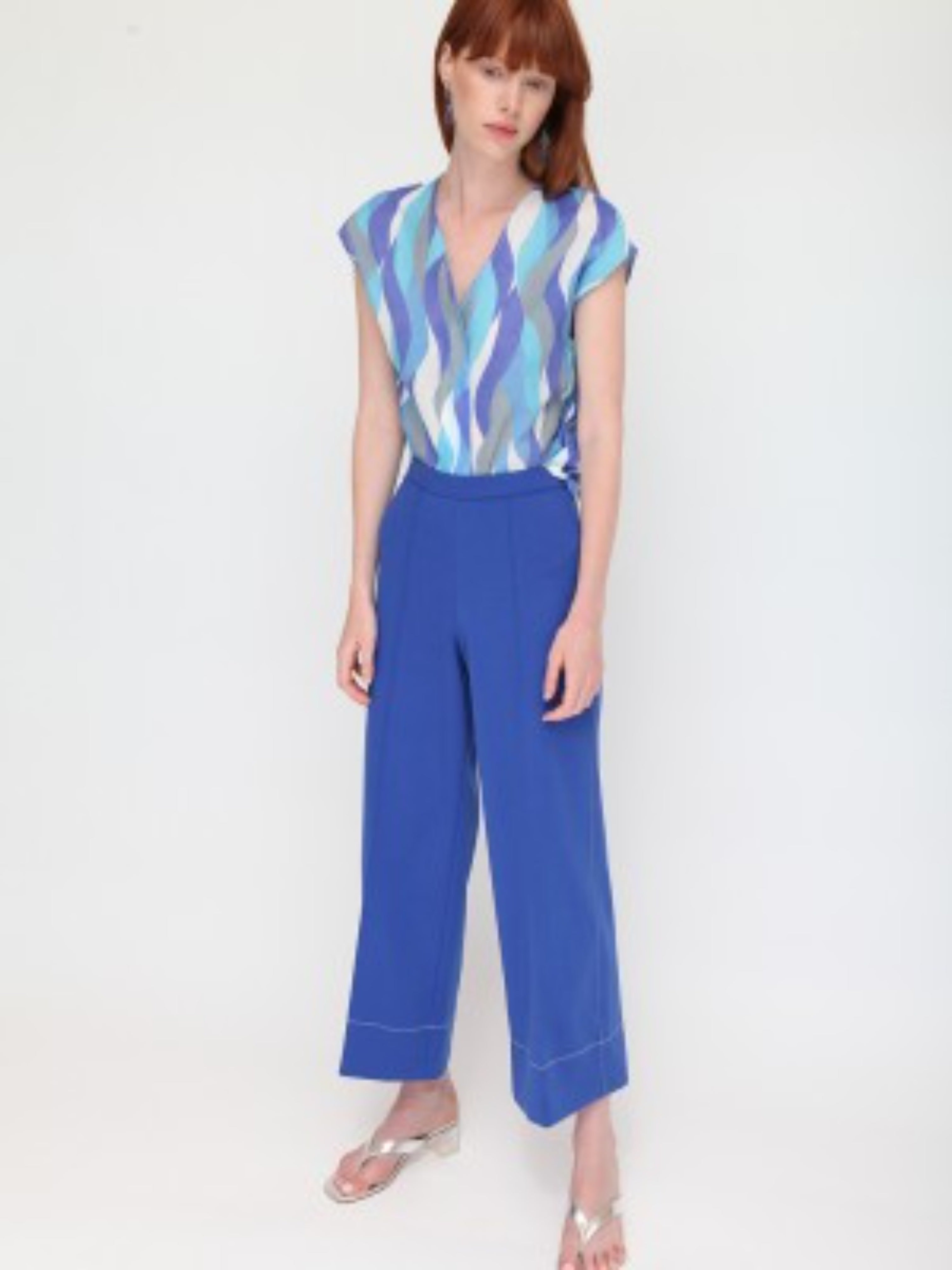 Vilagallo Beatriz Pull on Jersey Wide Leg Ocean Blue Trousers