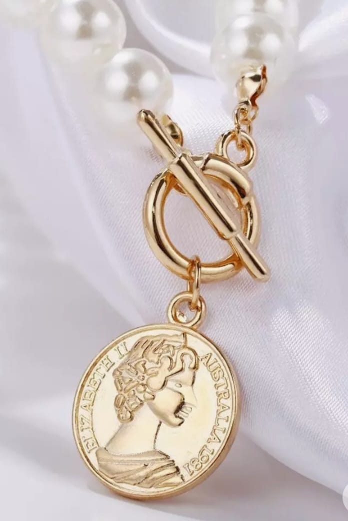 Gold Plated Pearl T-Bar Necklace with Coin Pendant